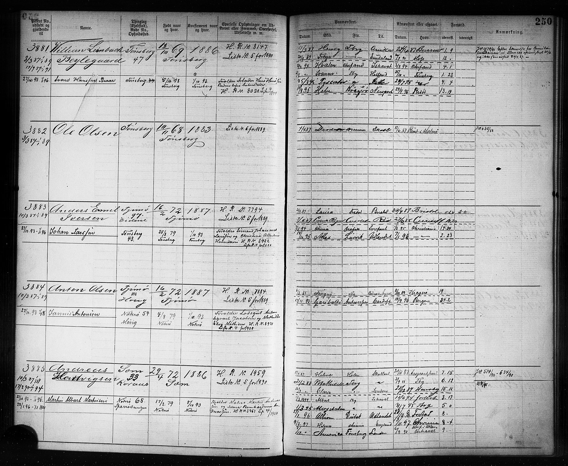 Tønsberg innrulleringskontor, AV/SAKO-A-786/F/Fb/L0007: Annotasjonsrulle Patent nr. 2636-5150, 1881-1892, p. 251