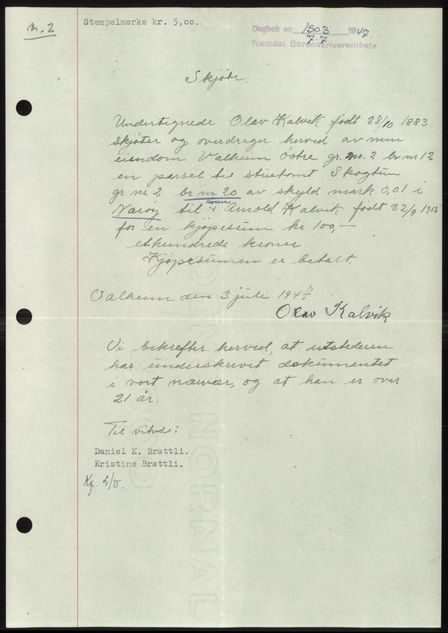 Namdal sorenskriveri, AV/SAT-A-4133/1/2/2C: Mortgage book no. -, 1947-1947, Diary no: : 1503/1947