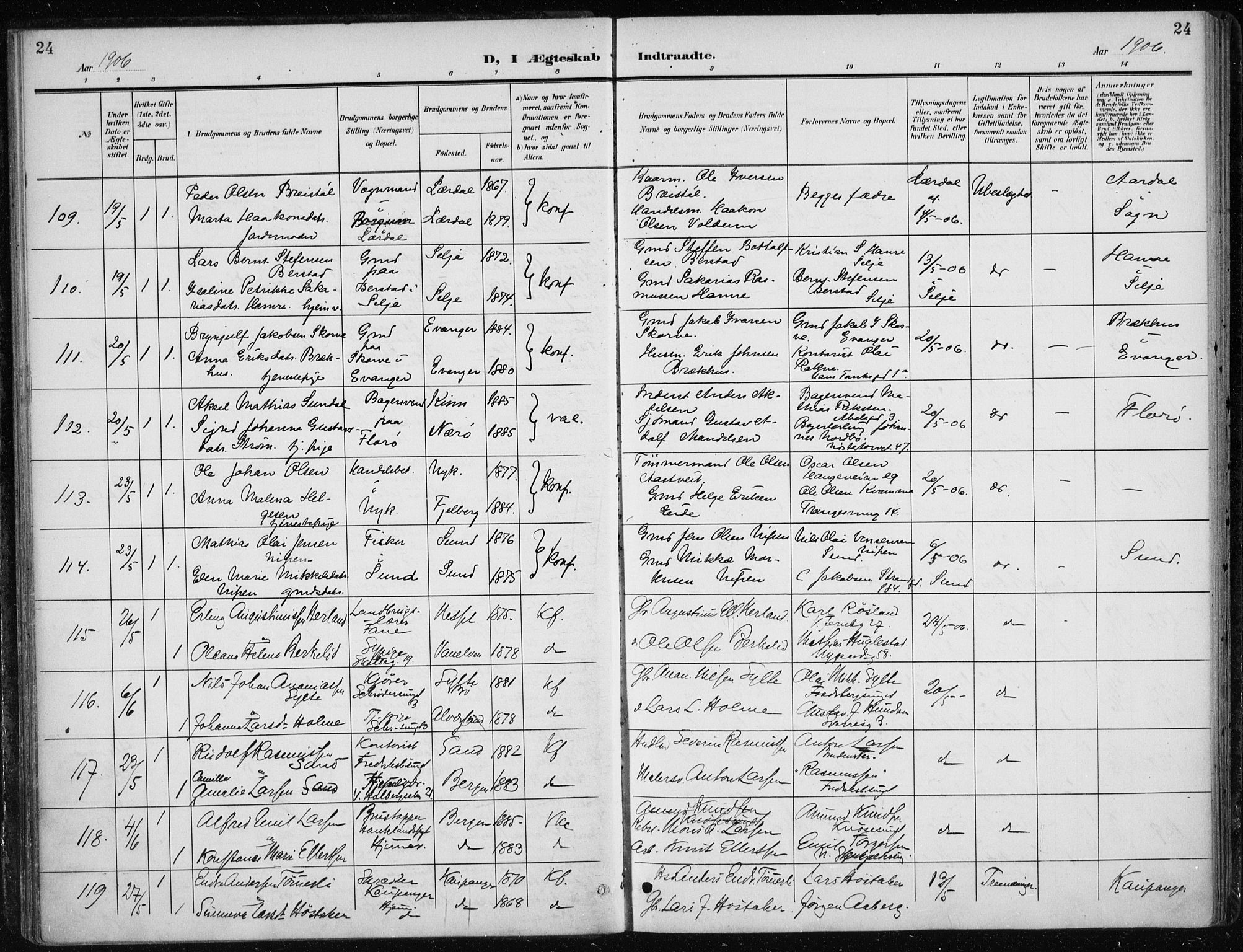 Nykirken Sokneprestembete, AV/SAB-A-77101/H/Haa/L0035: Parish register (official) no. D 5, 1905-1913, p. 24