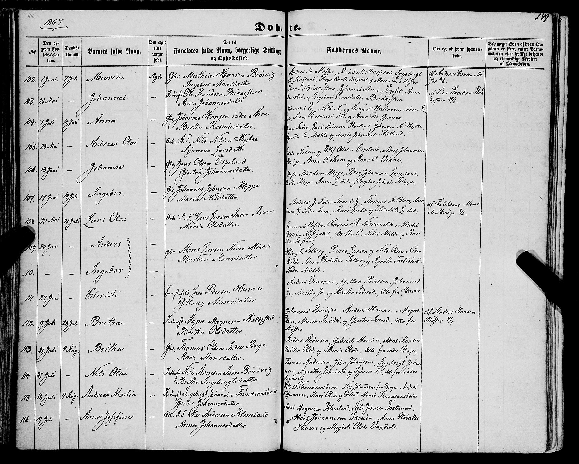 Haus sokneprestembete, SAB/A-75601/H/Haa: Parish register (official) no. A 17, 1858-1870, p. 149