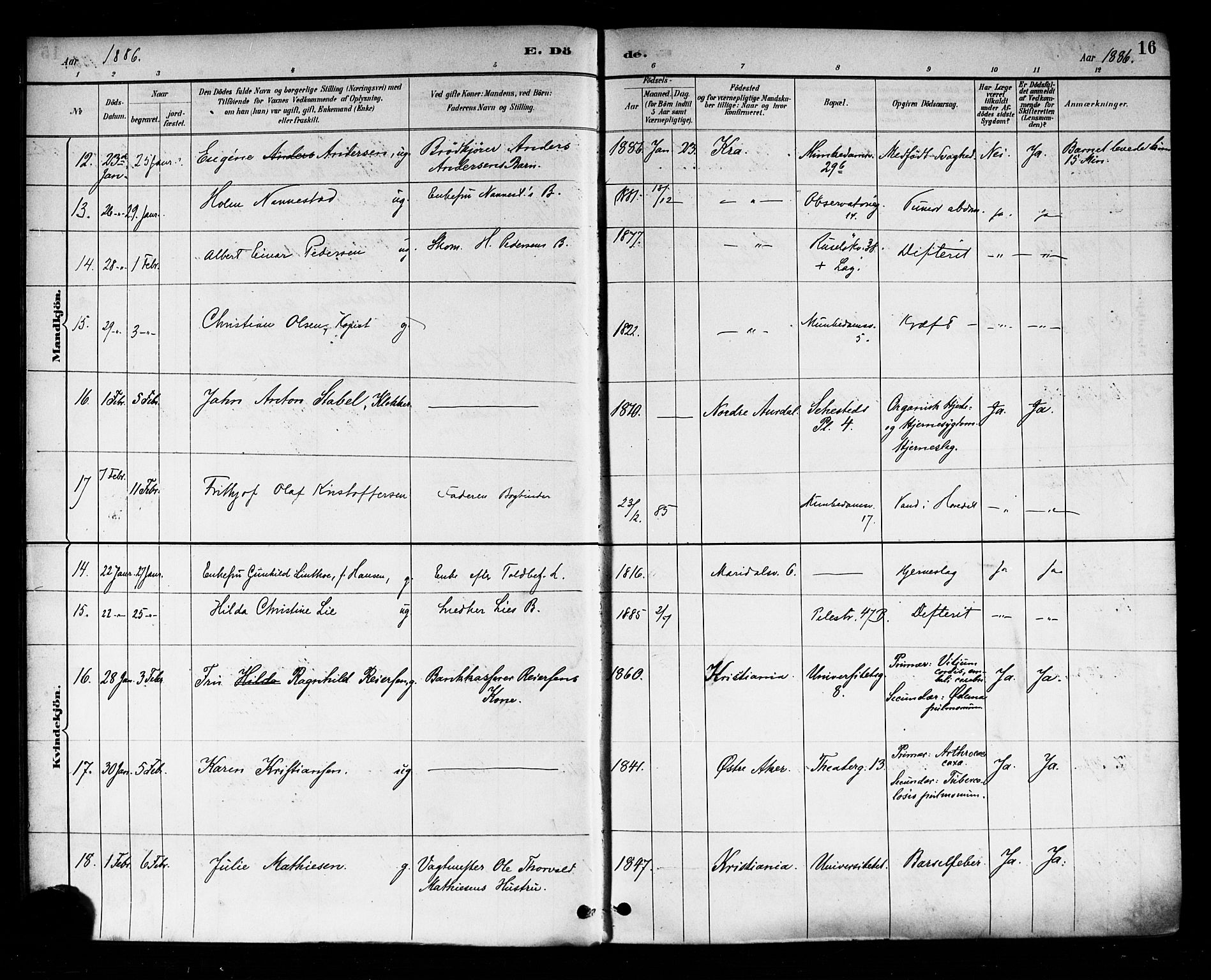 Trefoldighet prestekontor Kirkebøker, AV/SAO-A-10882/F/Fd/L0003: Parish register (official) no. IV 3, 1885-1896, p. 16