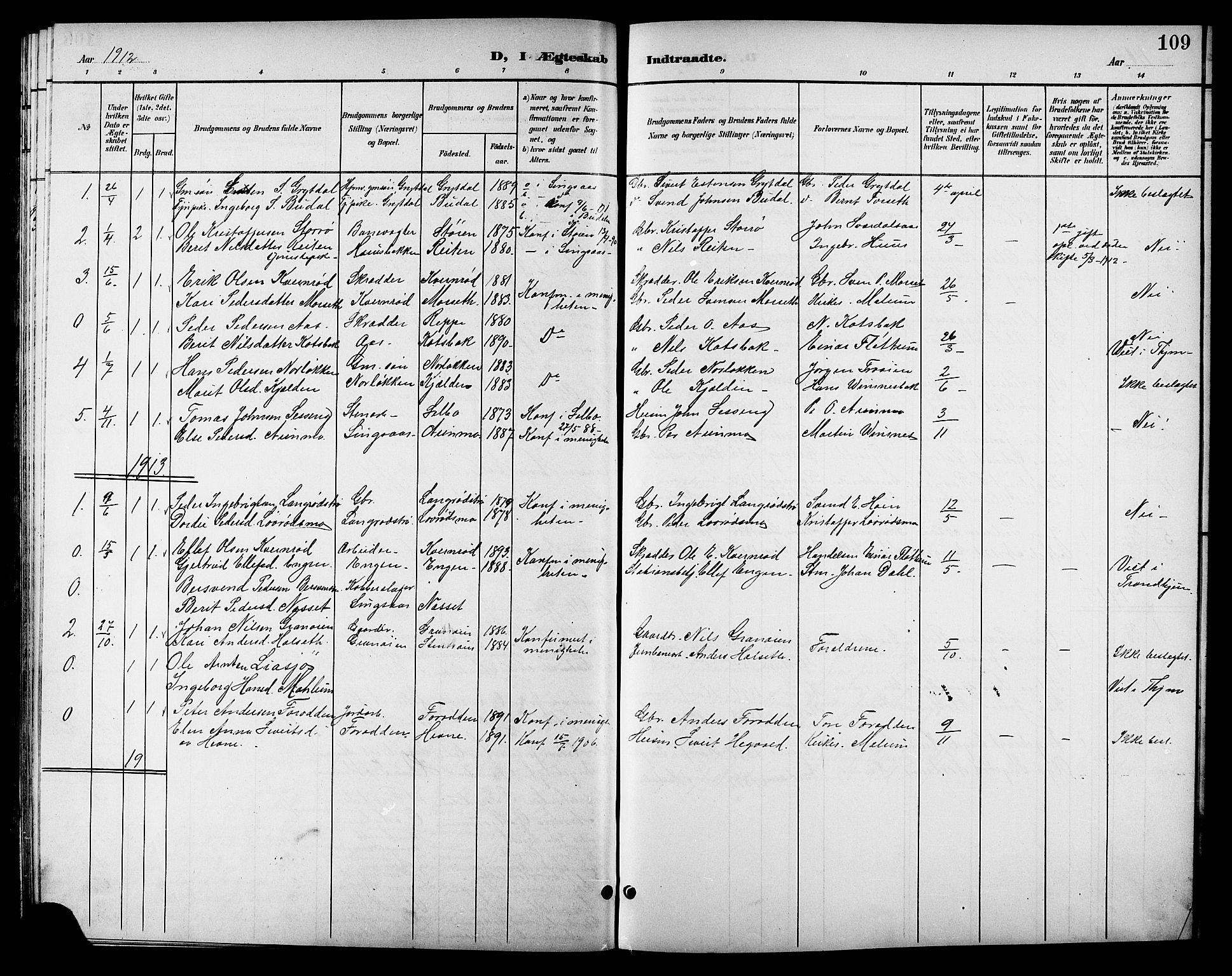 Ministerialprotokoller, klokkerbøker og fødselsregistre - Sør-Trøndelag, SAT/A-1456/688/L1029: Parish register (copy) no. 688C04, 1899-1915, p. 109