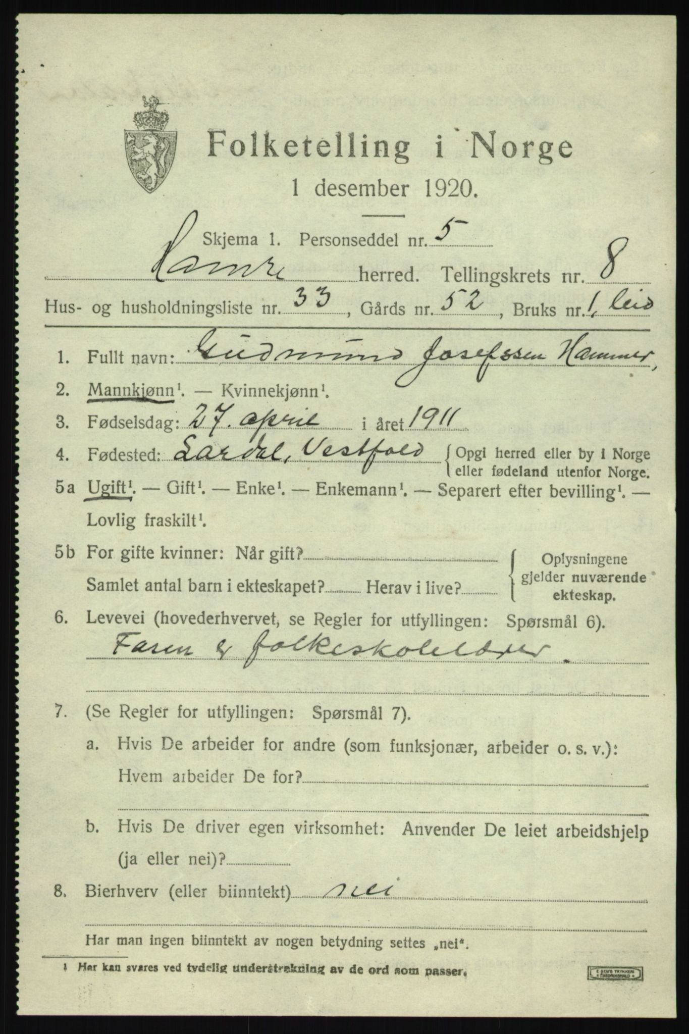 SAB, 1920 census for Hamre, 1920, p. 4829