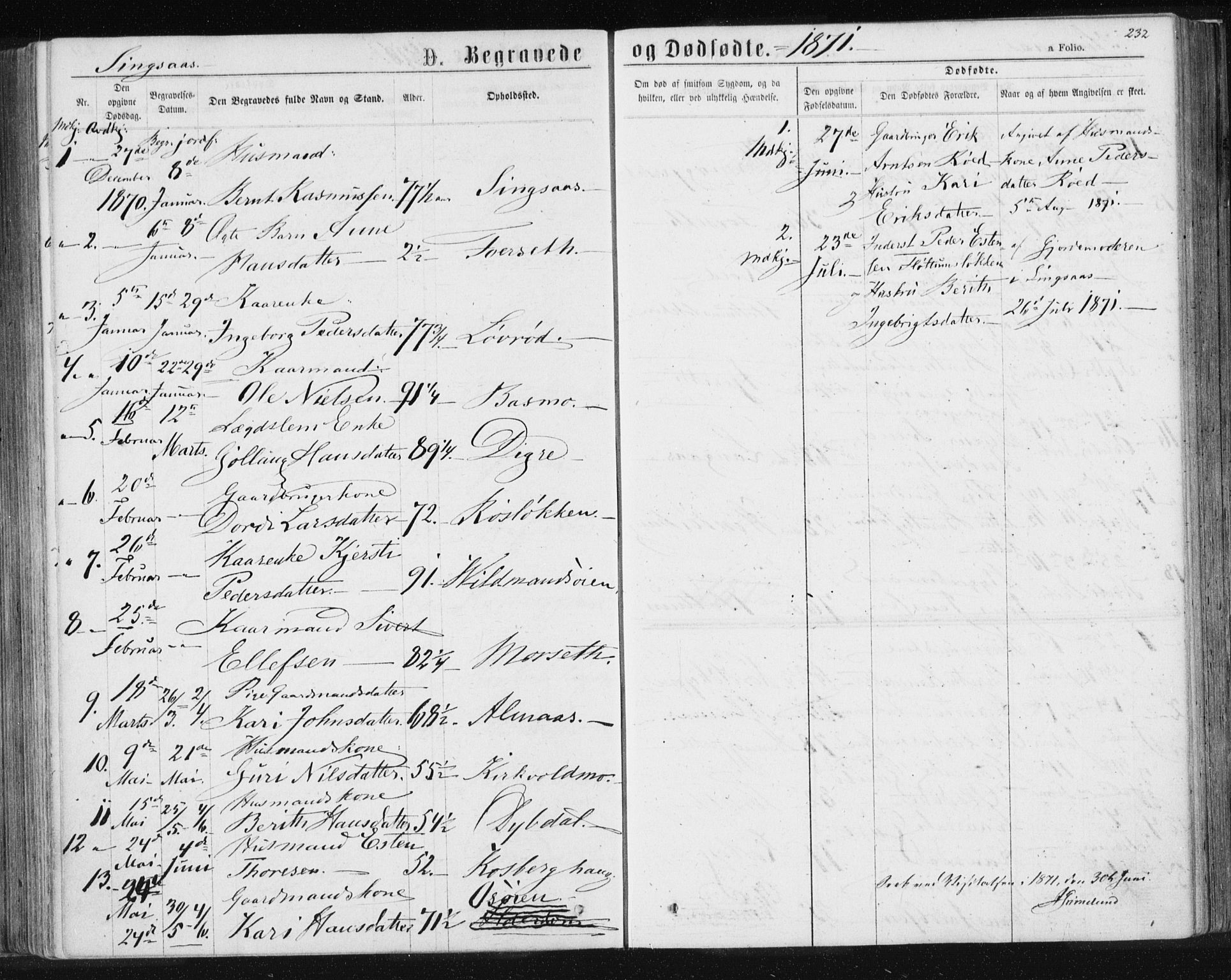 Ministerialprotokoller, klokkerbøker og fødselsregistre - Sør-Trøndelag, SAT/A-1456/685/L0970: Parish register (official) no. 685A08 /2, 1870-1878, p. 232