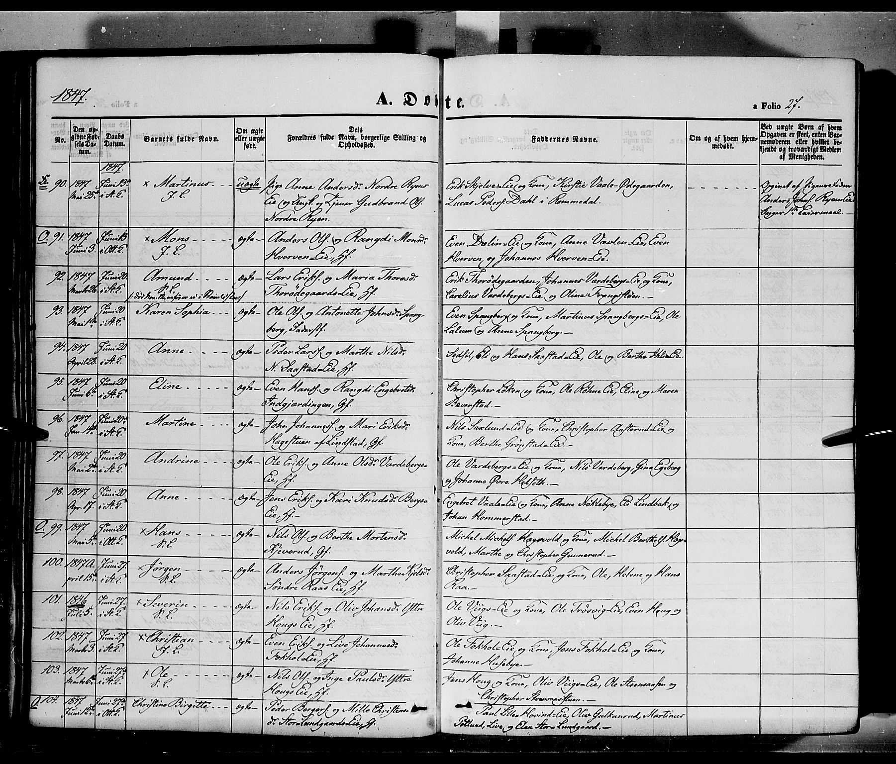 Stange prestekontor, AV/SAH-PREST-002/K/L0011: Parish register (official) no. 11, 1846-1852, p. 27