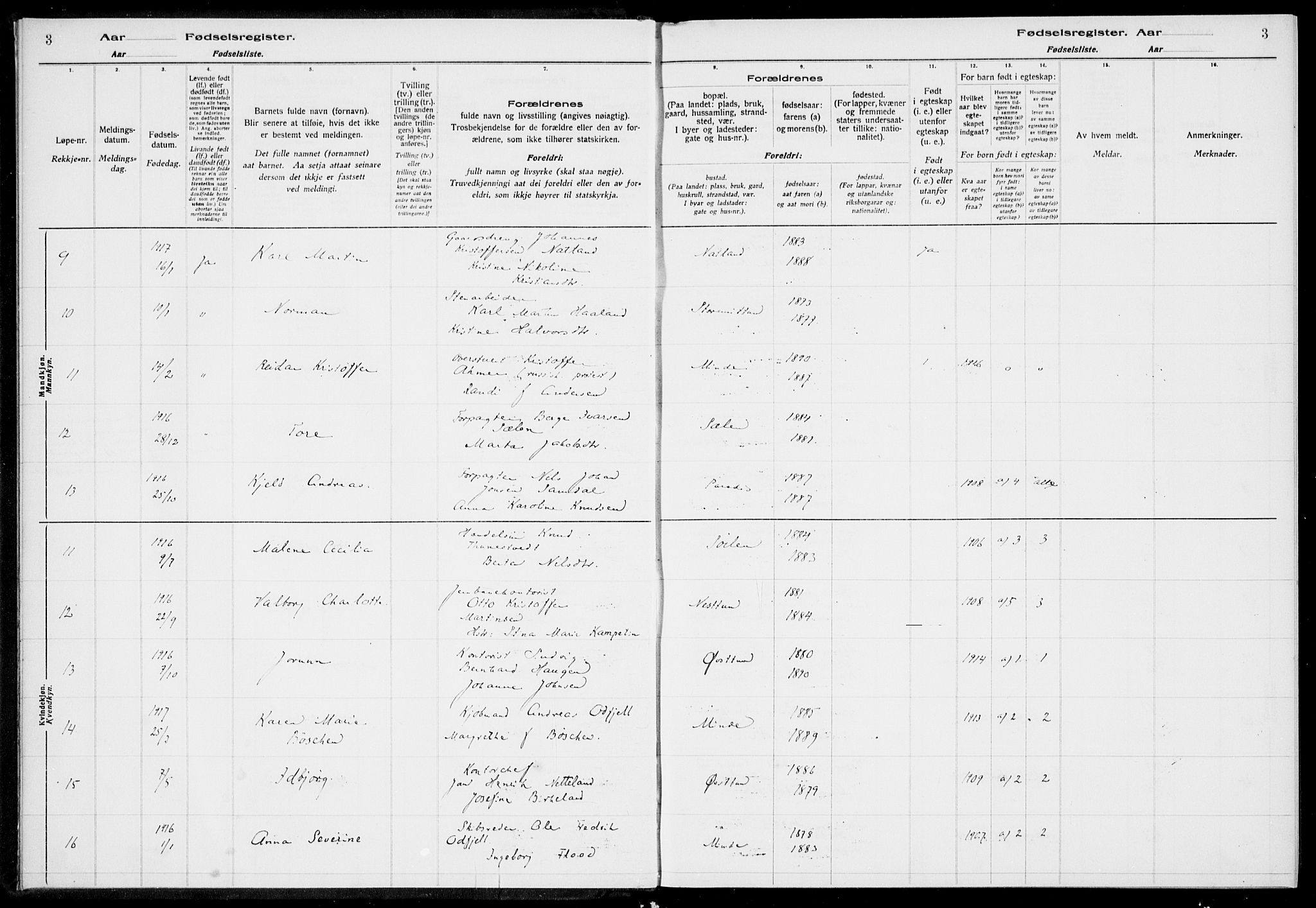 Birkeland Sokneprestembete, AV/SAB-A-74601/I/Id/L00A1: Birth register no. A 1, 1916-1926, p. 3