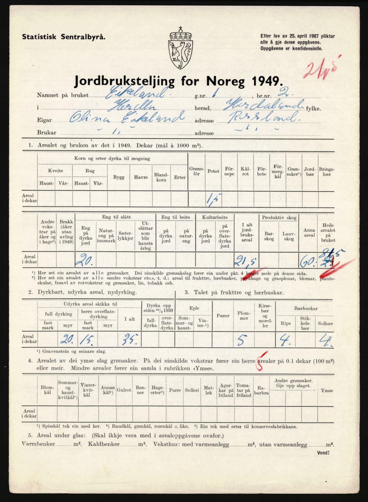 Statistisk sentralbyrå, Næringsøkonomiske emner, Jordbruk, skogbruk, jakt, fiske og fangst, AV/RA-S-2234/G/Gc/L0276: Hordaland: Herdla og Hjelme, 1949, p. 1008