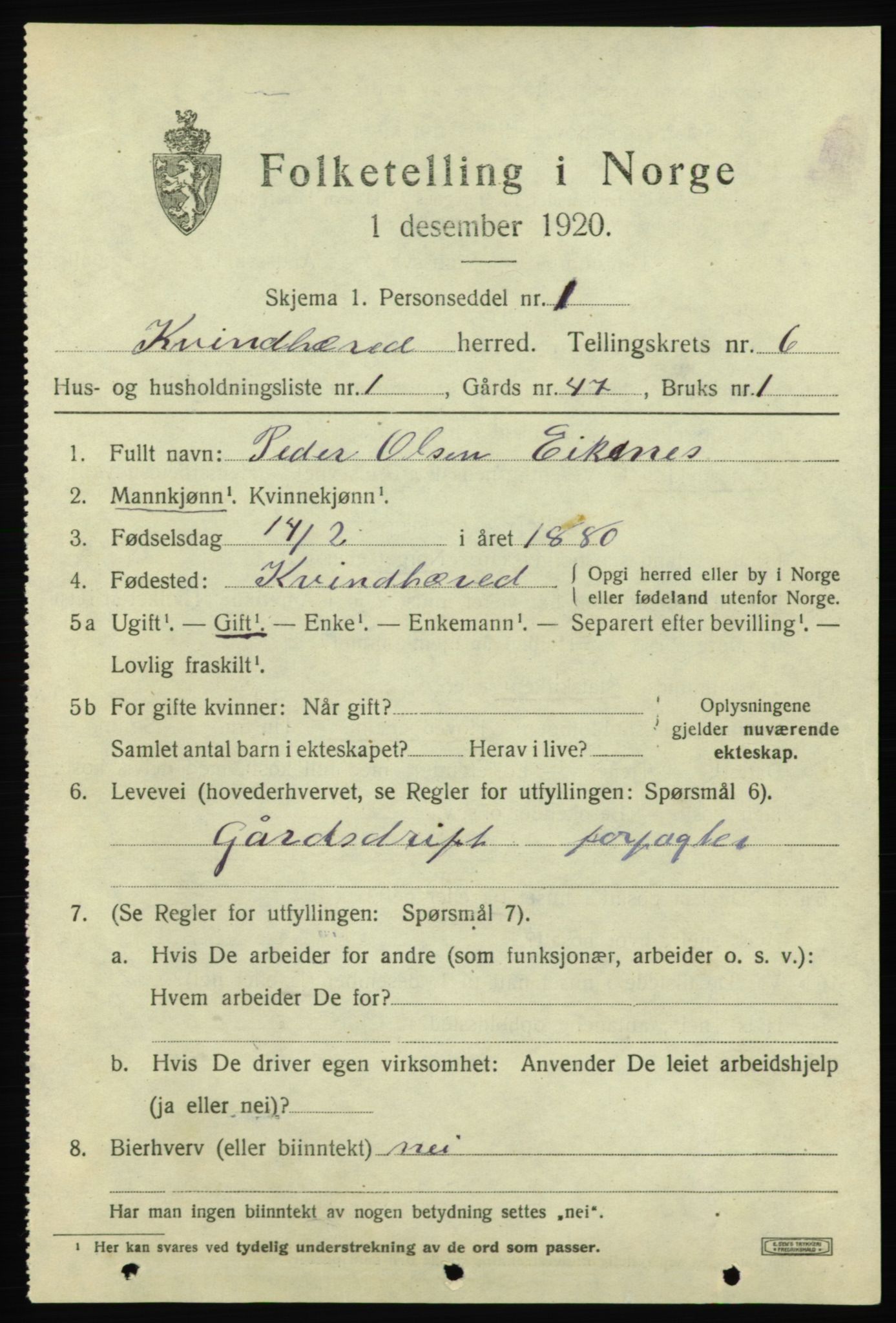 SAB, 1920 census for Kvinnherad, 1920, p. 6218