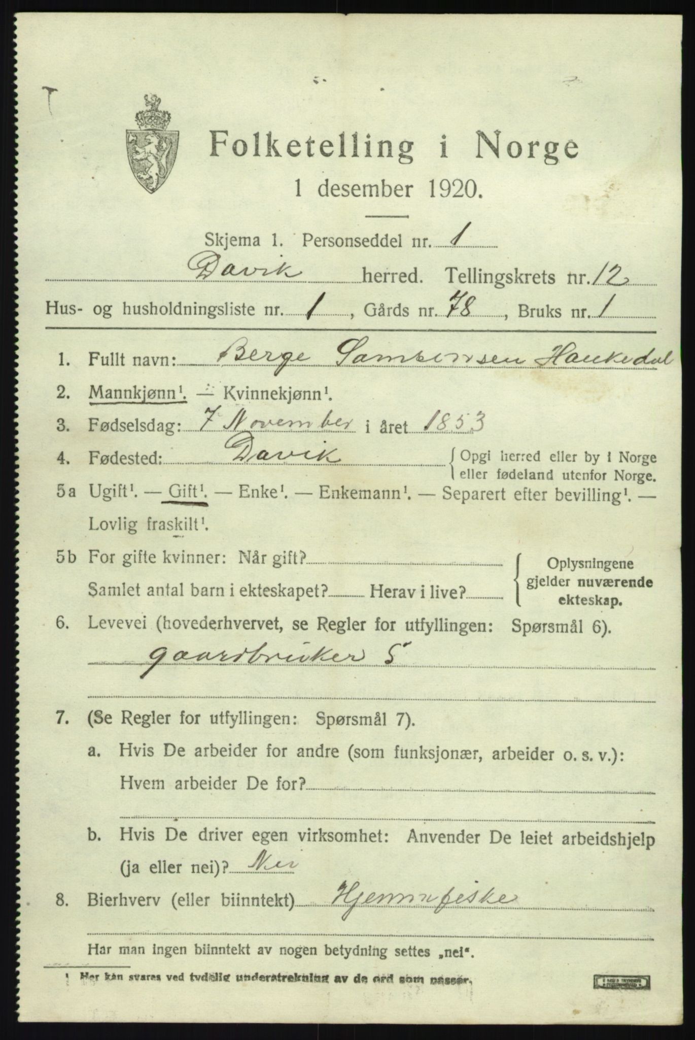 SAB, 1920 census for Davik, 1920, p. 5793