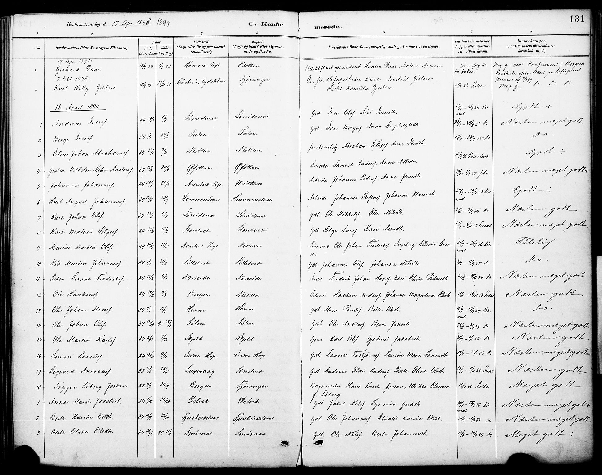 Fana Sokneprestembete, AV/SAB-A-75101/H/Haa/Haai/L0002: Parish register (official) no. I 2, 1888-1899, p. 131