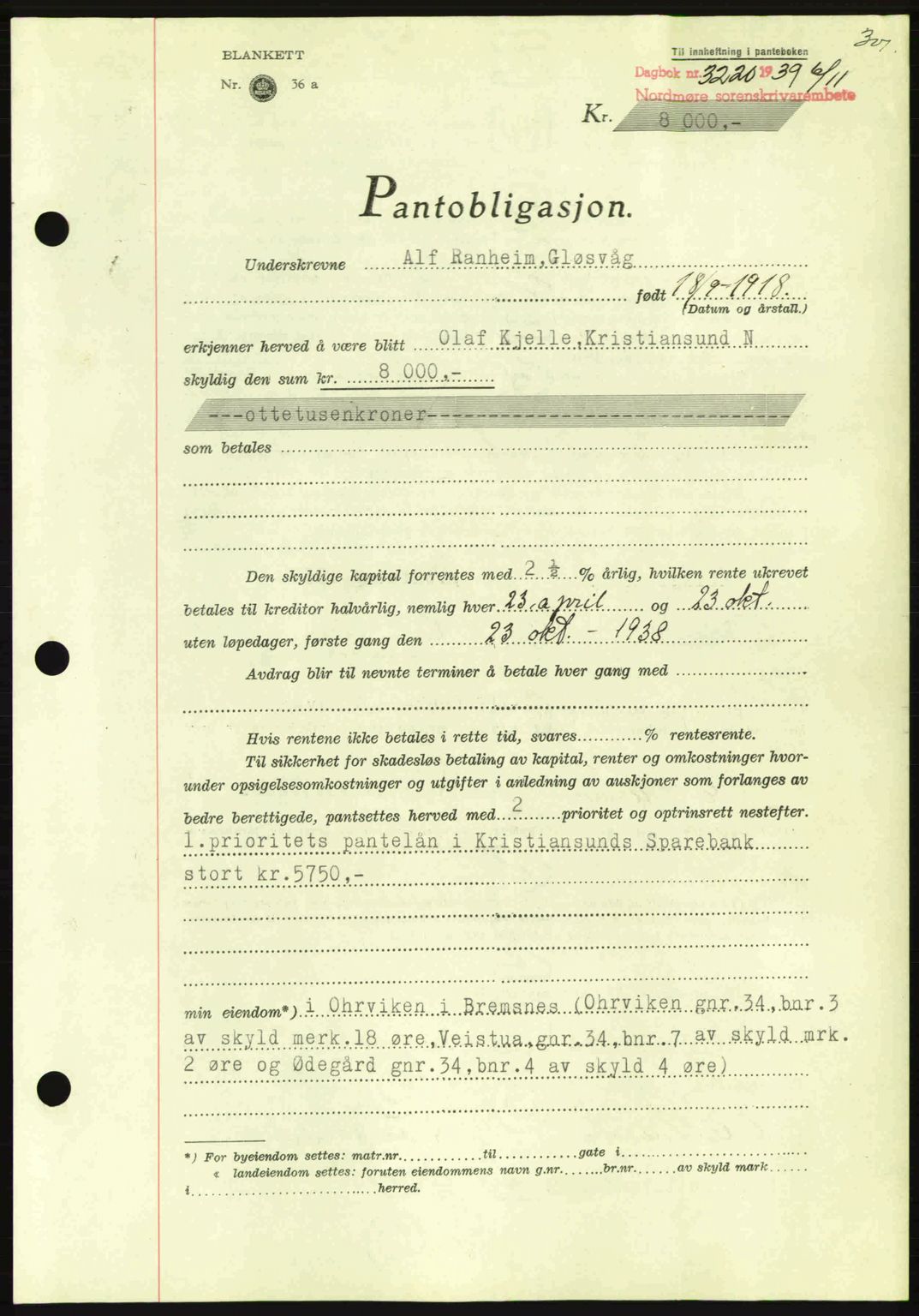 Nordmøre sorenskriveri, AV/SAT-A-4132/1/2/2Ca: Mortgage book no. B86, 1939-1940, Diary no: : 3220/1939