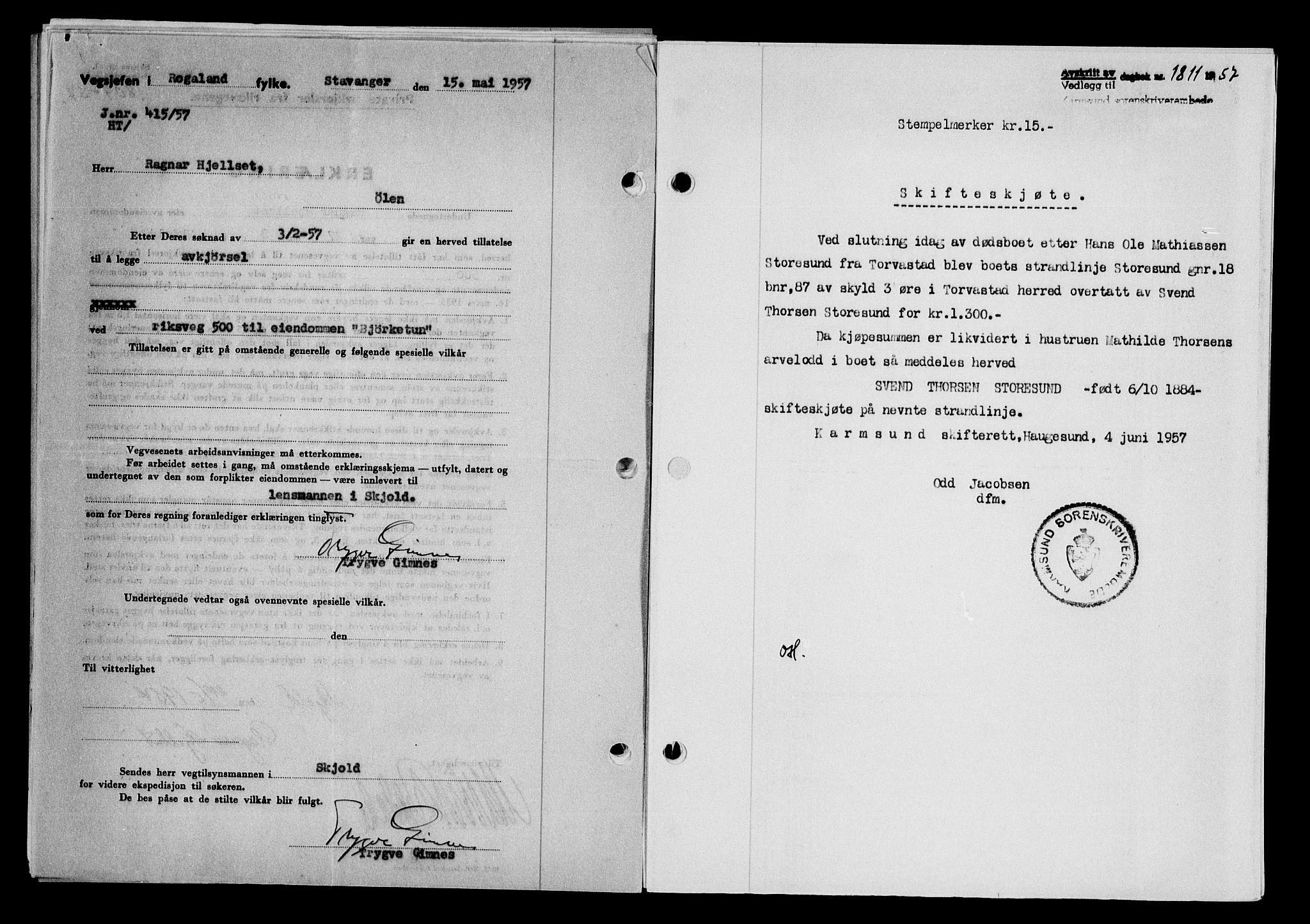 Karmsund sorenskriveri, AV/SAST-A-100311/01/II/IIB/L0125: Mortgage book no. 105A, 1957-1957, Diary no: : 1811/1957