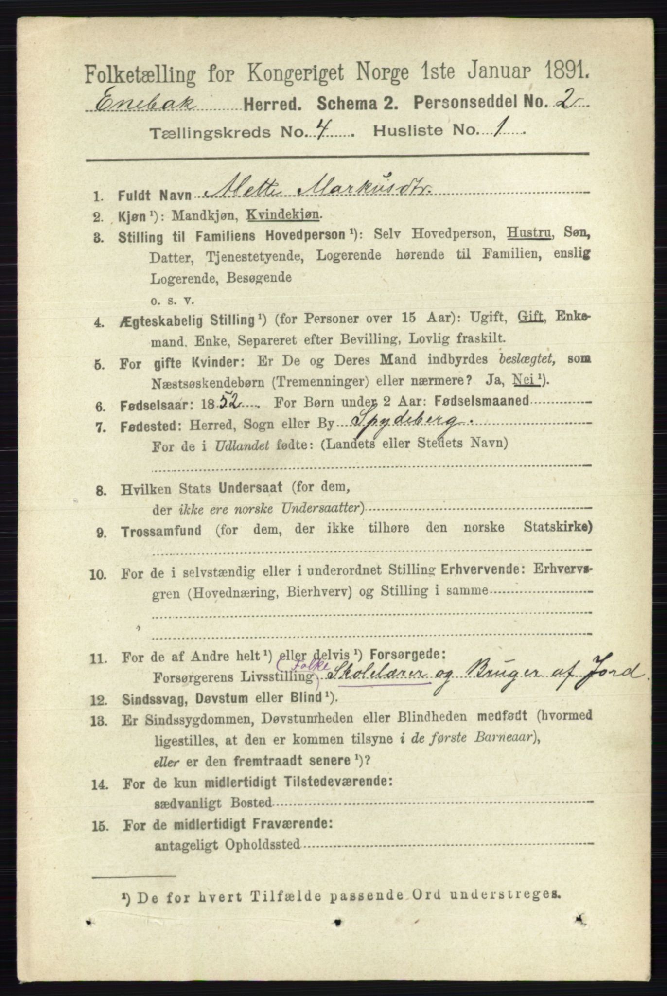 RA, 1891 census for 0229 Enebakk, 1891, p. 1476