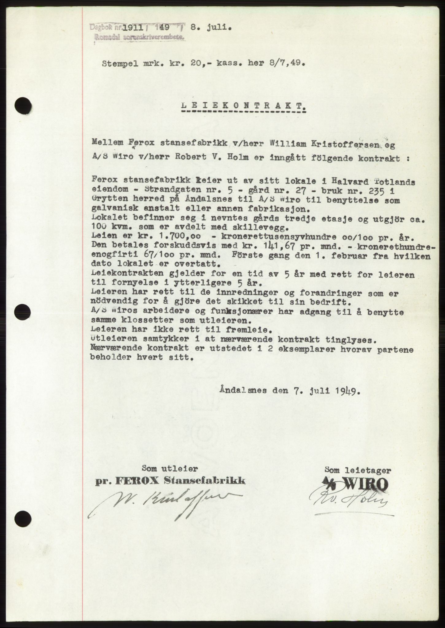 Romsdal sorenskriveri, AV/SAT-A-4149/1/2/2C: Mortgage book no. B4, 1948-1949, Diary no: : 1911/1949