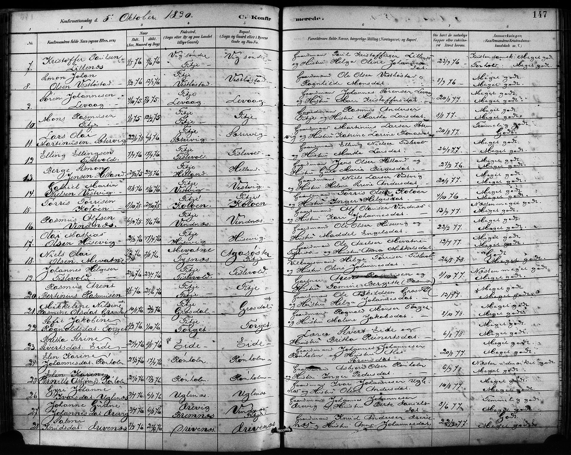 Fitjar sokneprestembete, AV/SAB-A-99926: Parish register (official) no. A 2, 1882-1899, p. 147