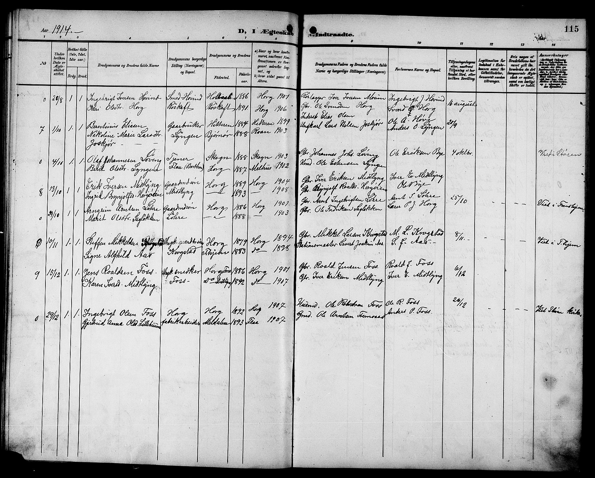 Ministerialprotokoller, klokkerbøker og fødselsregistre - Sør-Trøndelag, SAT/A-1456/692/L1112: Parish register (copy) no. 692C07, 1904-1918, p. 115