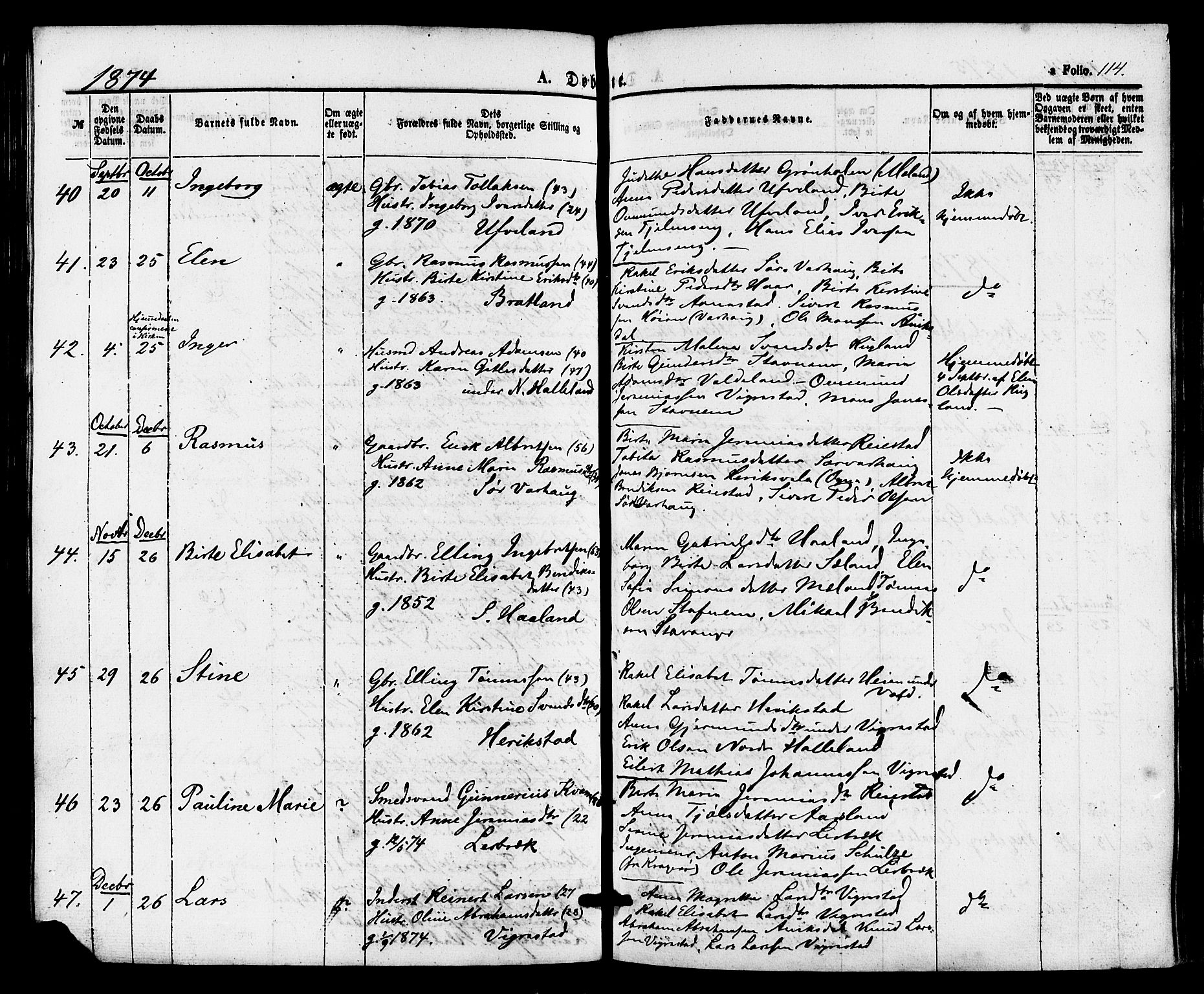 Hå sokneprestkontor, AV/SAST-A-101801/001/30BA/L0009: Parish register (official) no. A 8, 1855-1878, p. 114