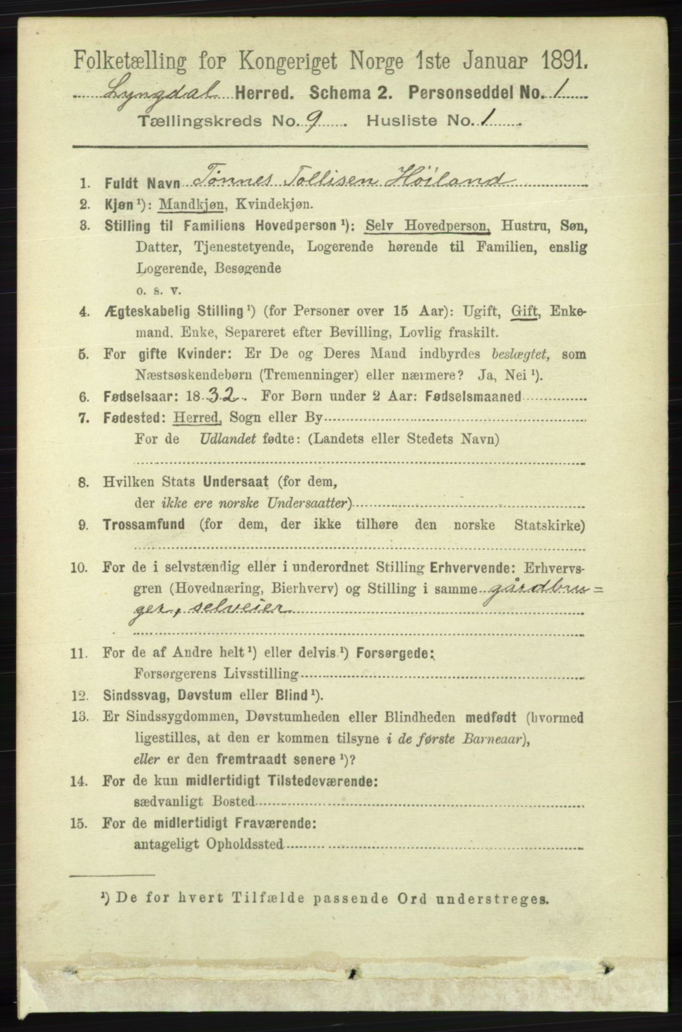 RA, 1891 census for 1032 Lyngdal, 1891, p. 3700