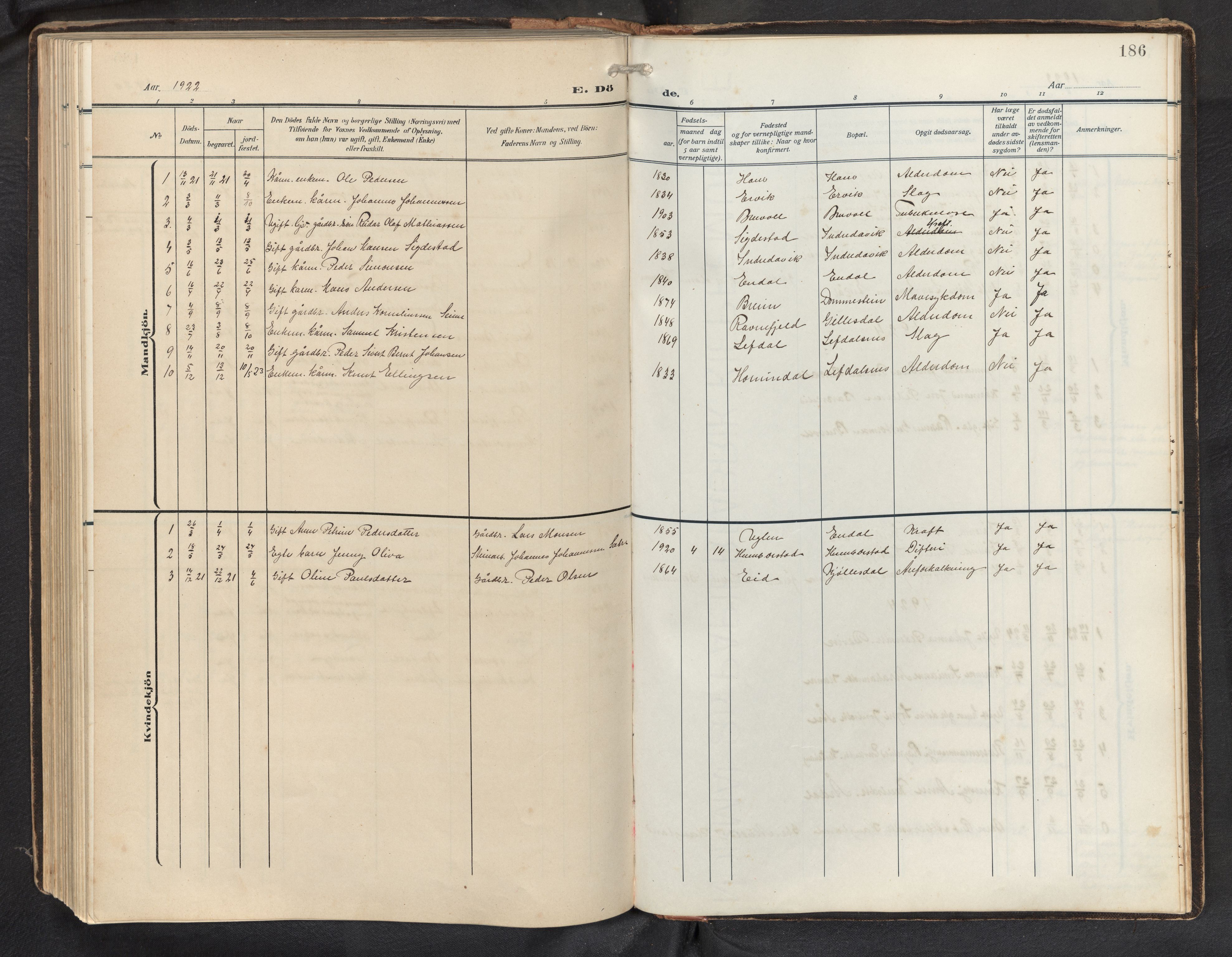 Davik sokneprestembete, AV/SAB-A-79701/H/Hab/Haba/L0003: Parish register (copy) no. A 3, 1912-1947, p. 185b-186a