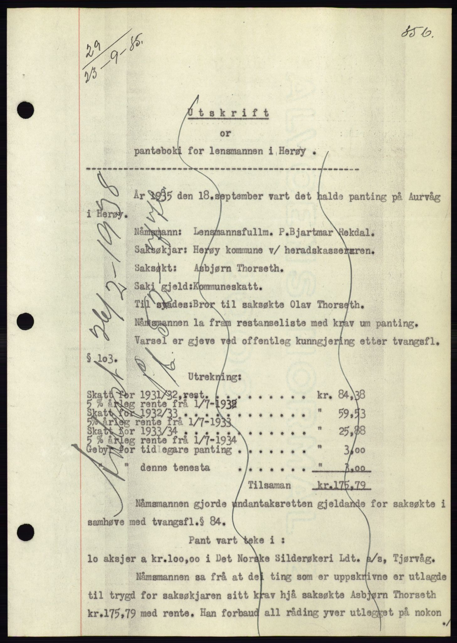 Søre Sunnmøre sorenskriveri, AV/SAT-A-4122/1/2/2C/L0059: Mortgage book no. 53, 1935-1935, Deed date: 23.09.1935