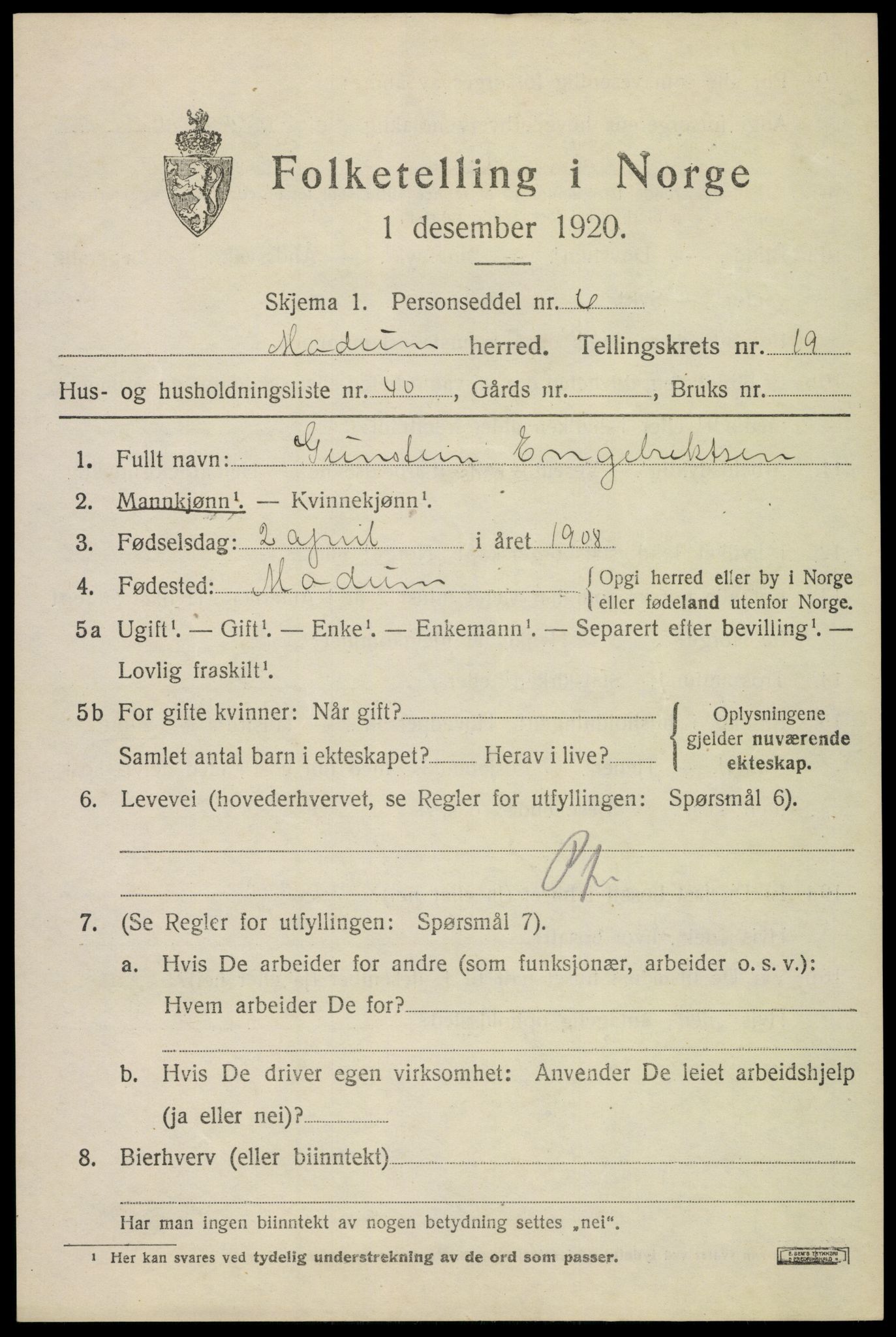 SAKO, 1920 census for Modum, 1920, p. 22101