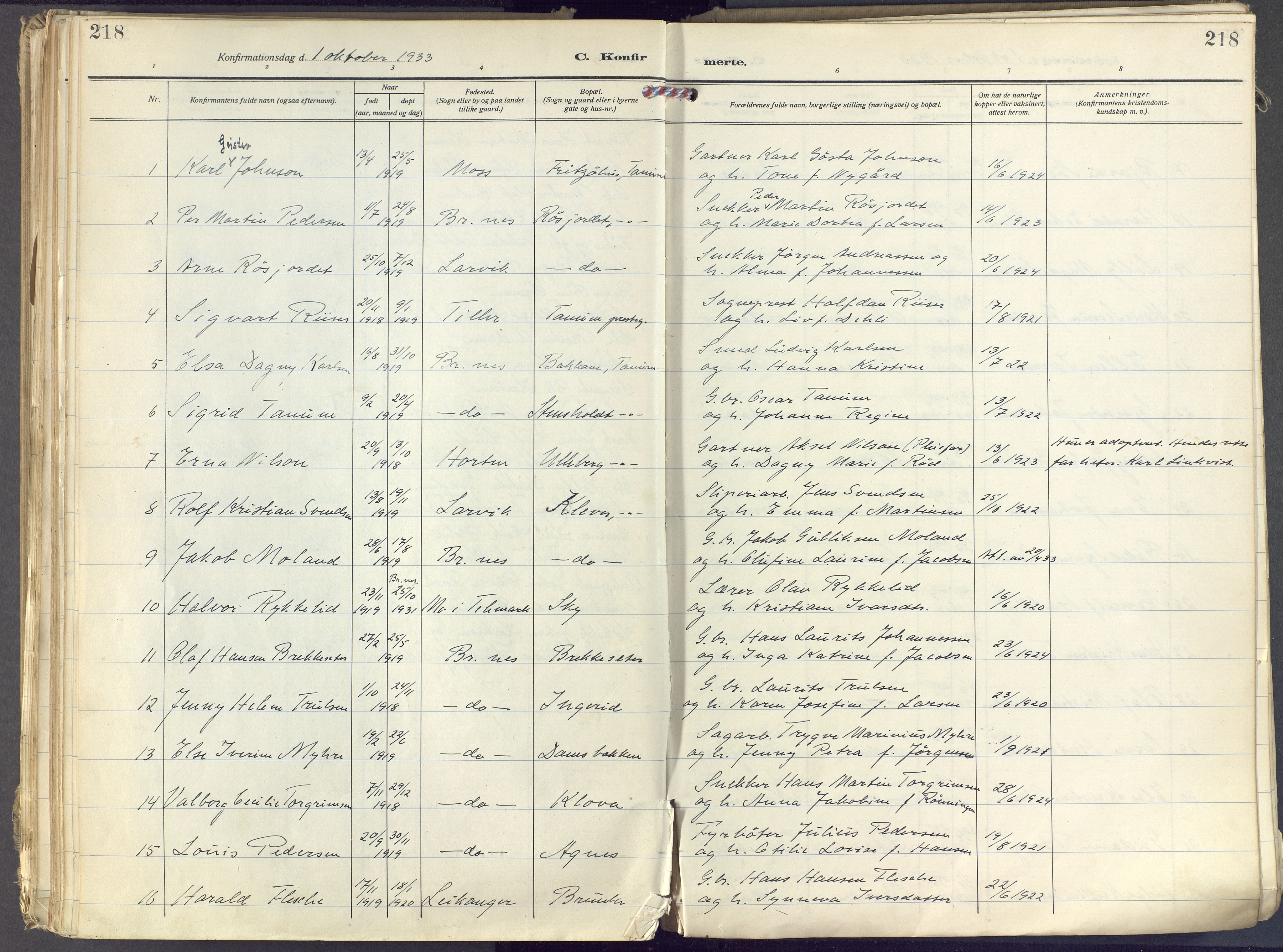 Brunlanes kirkebøker, SAKO/A-342/F/Fc/L0004: Parish register (official) no. III 4, 1923-1943, p. 218