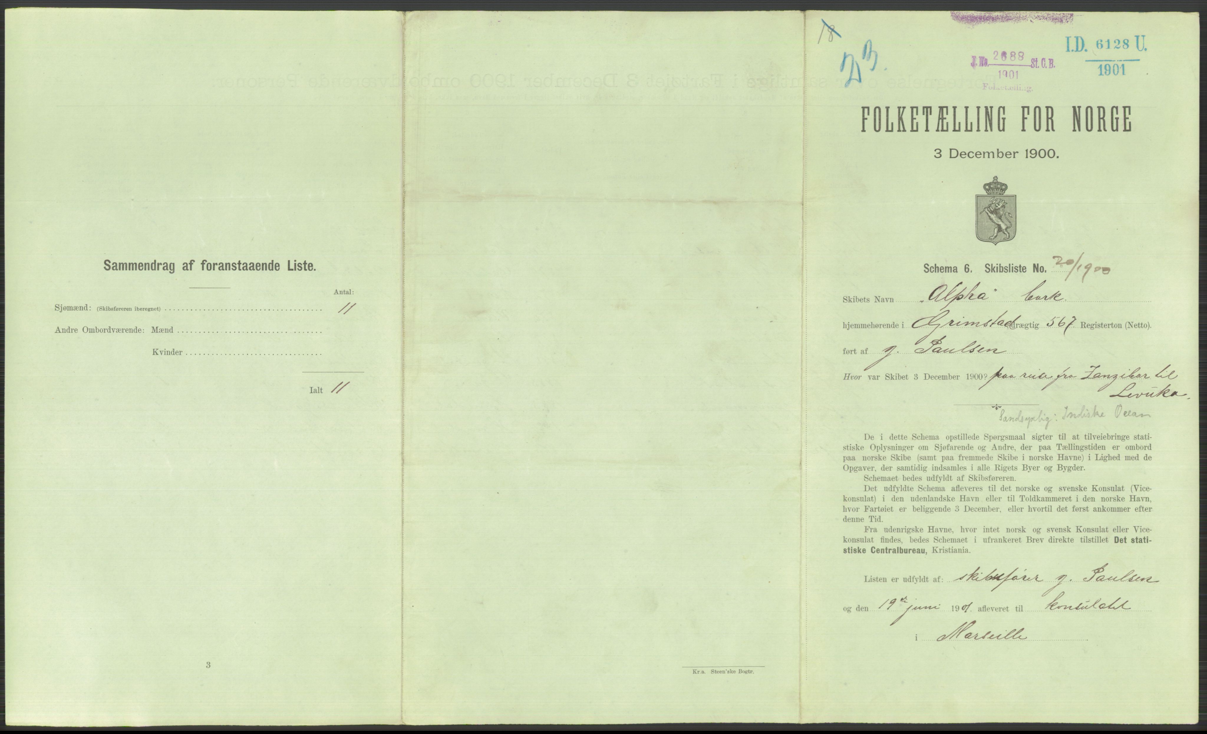 RA, 1900 Census - ship lists from ships in Norwegian harbours, harbours abroad and at sea, 1900, p. 6255