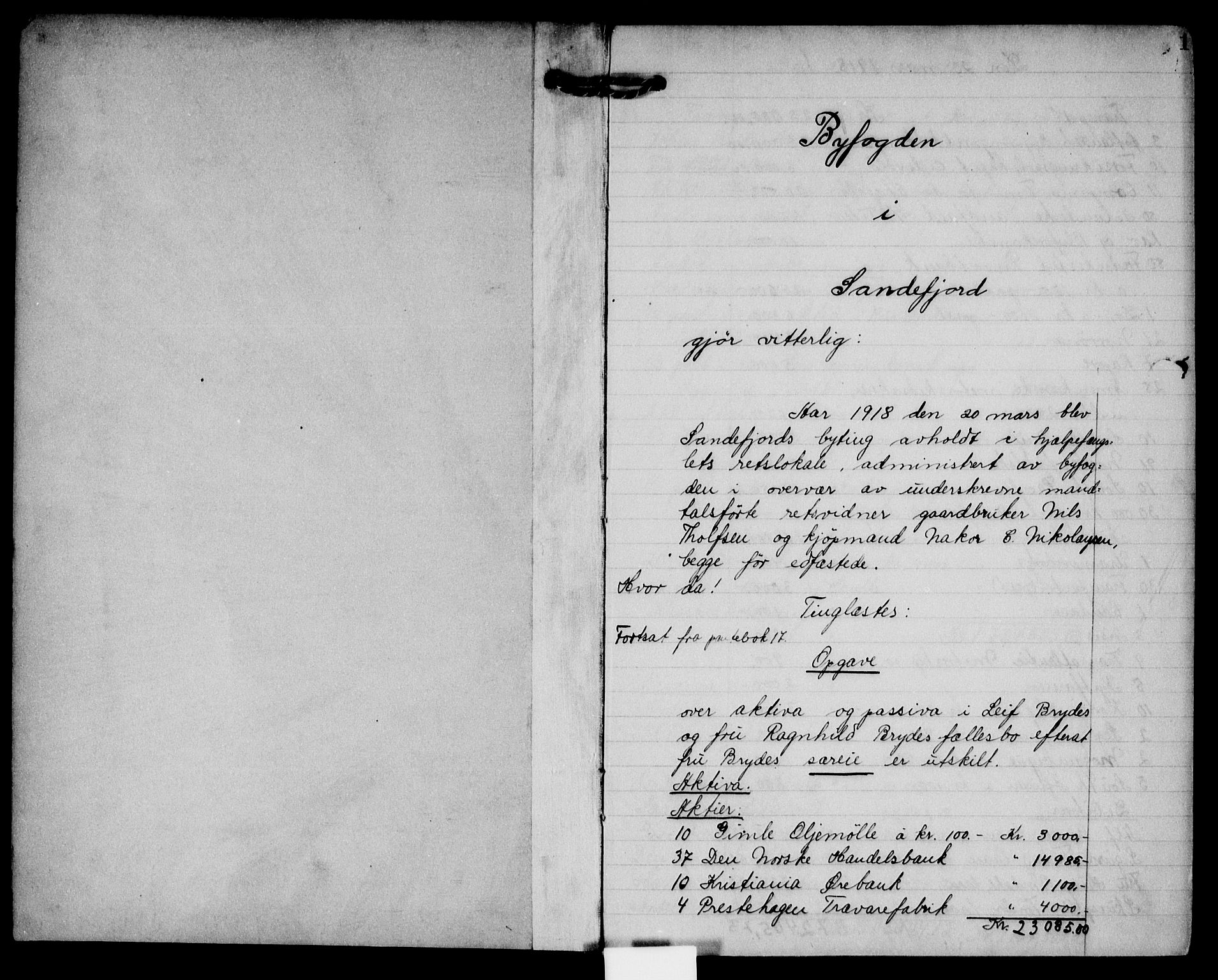 Sandefjord byfogd - 1, AV/SAKO-A-122/G/Ga/L0018: Mortgage book no. 18, 1918-1919, p. 0-1