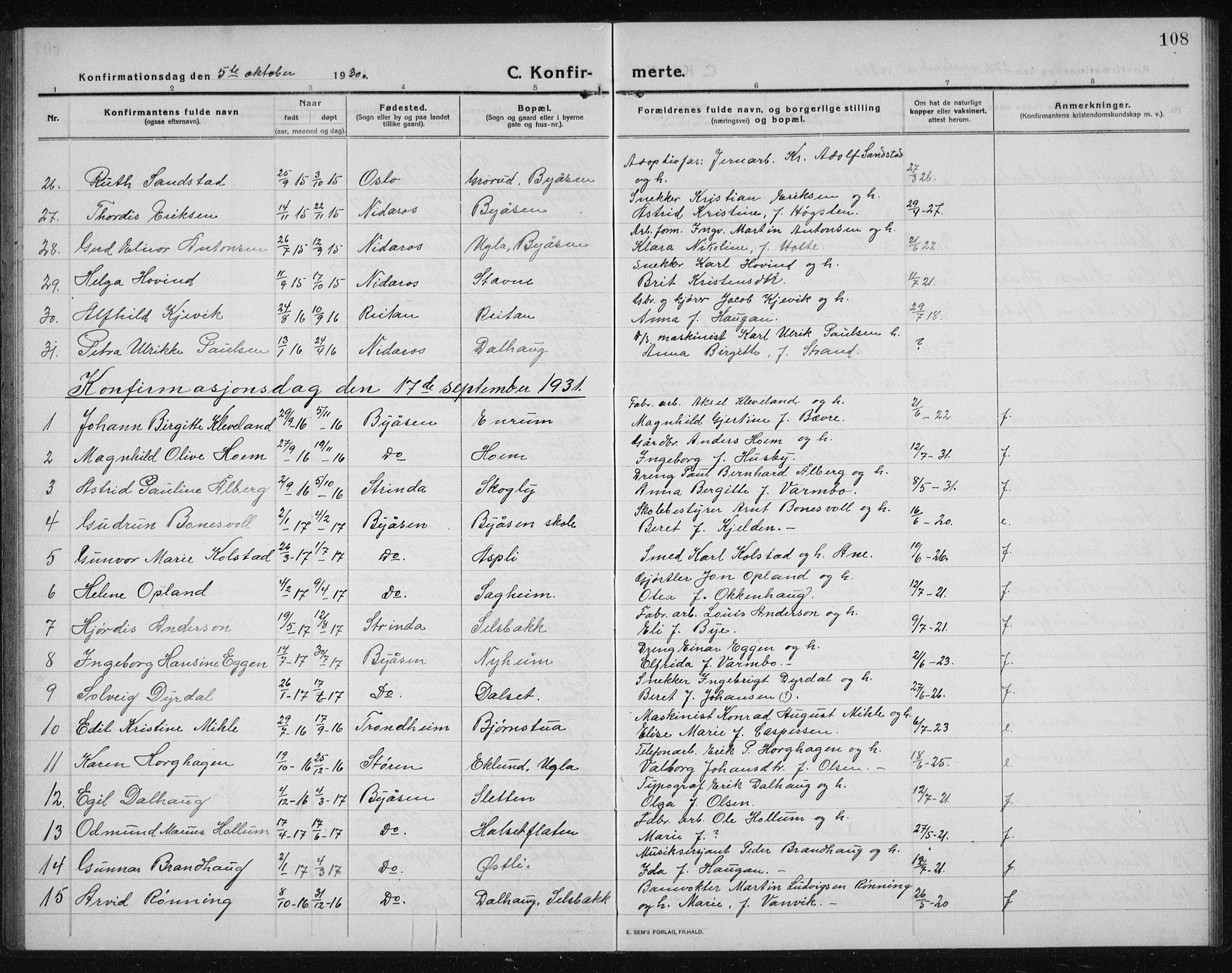 Ministerialprotokoller, klokkerbøker og fødselsregistre - Sør-Trøndelag, AV/SAT-A-1456/611/L0356: Parish register (copy) no. 611C04, 1914-1938, p. 108