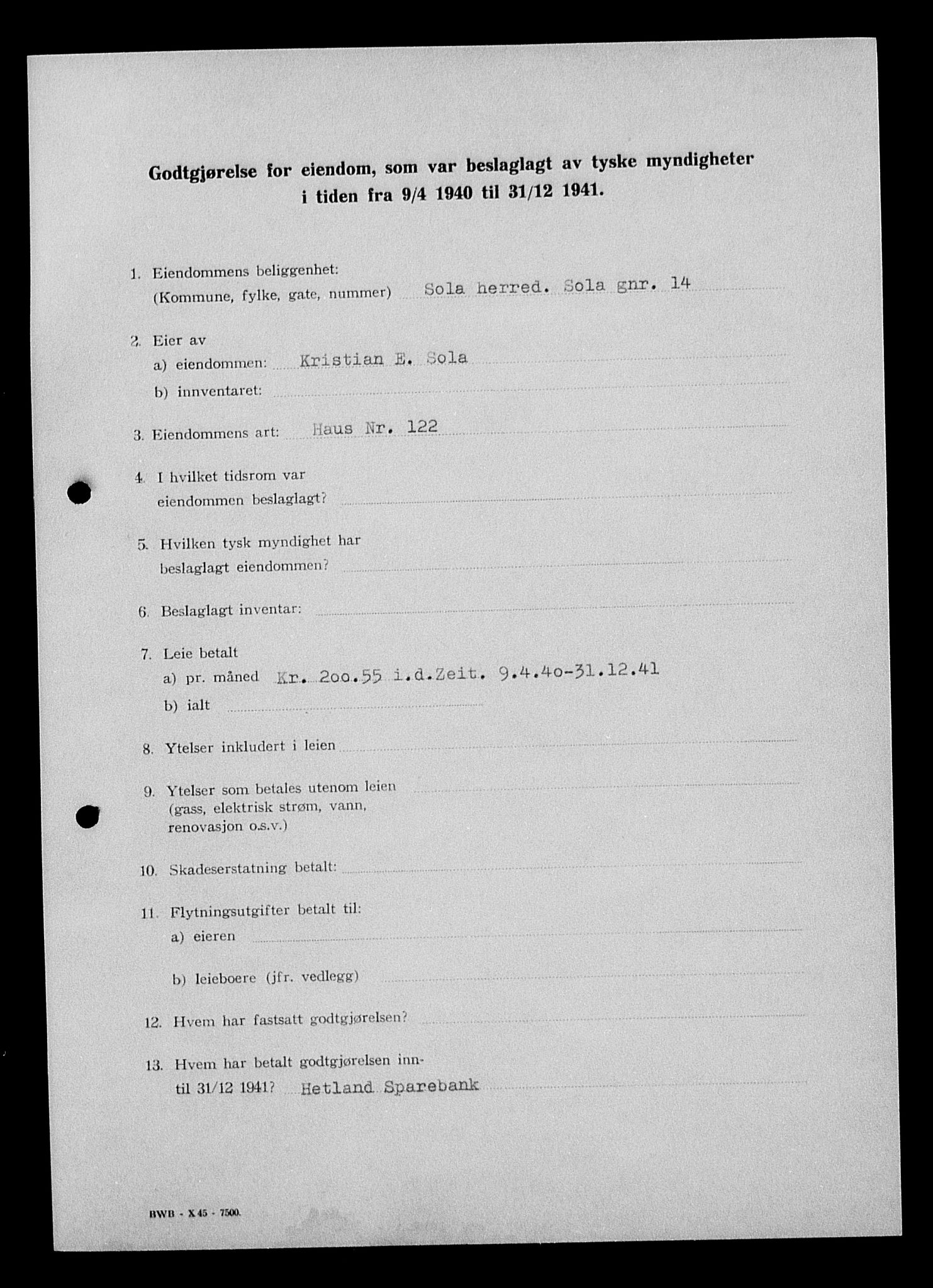 Justisdepartementet, Tilbakeføringskontoret for inndratte formuer, AV/RA-S-1564/I/L1015: Godtgjørelse for beslaglagt eiendom, 1940-1941, p. 244