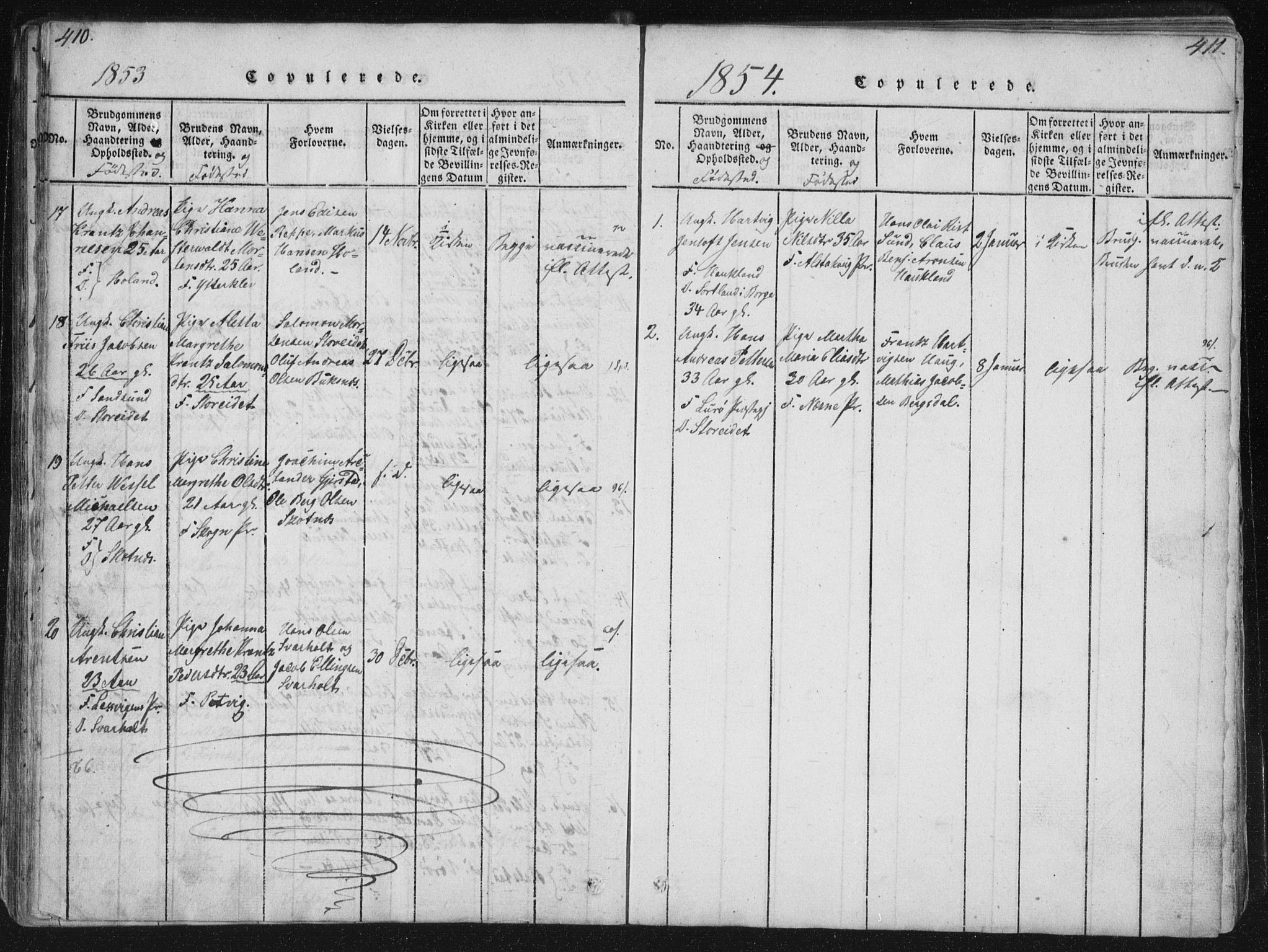 Ministerialprotokoller, klokkerbøker og fødselsregistre - Nordland, AV/SAT-A-1459/881/L1164: Parish register (copy) no. 881C01, 1818-1853, p. 410-411
