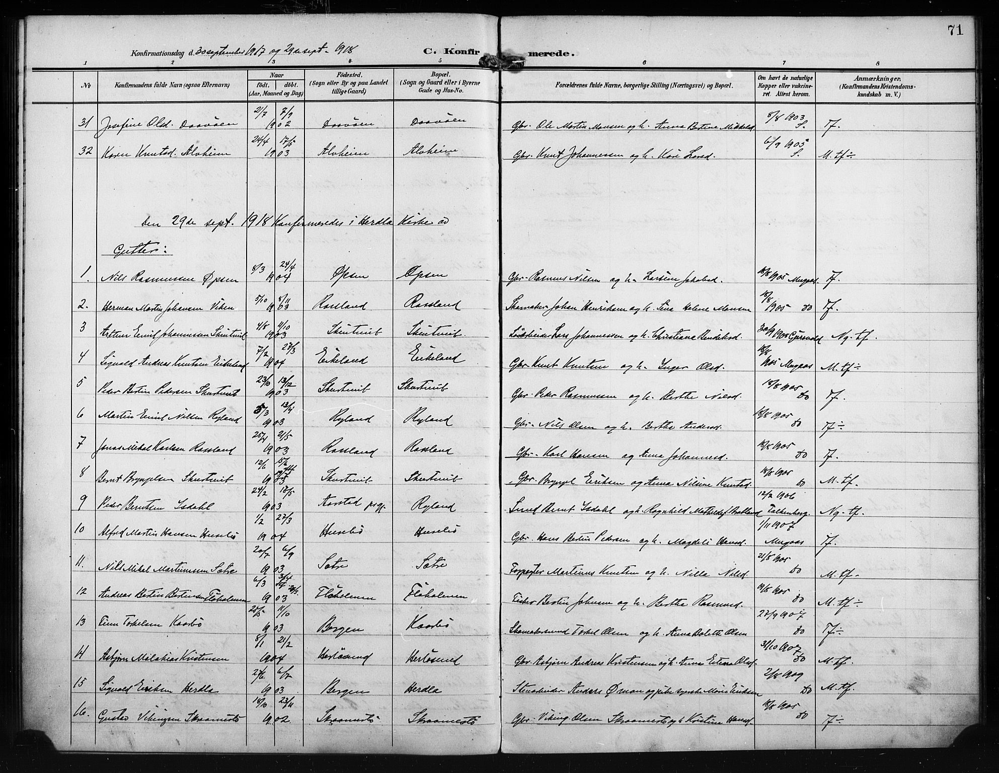 Herdla Sokneprestembete, AV/SAB-A-75701/H/Hab: Parish register (copy) no. A 4, 1902-1923, p. 71
