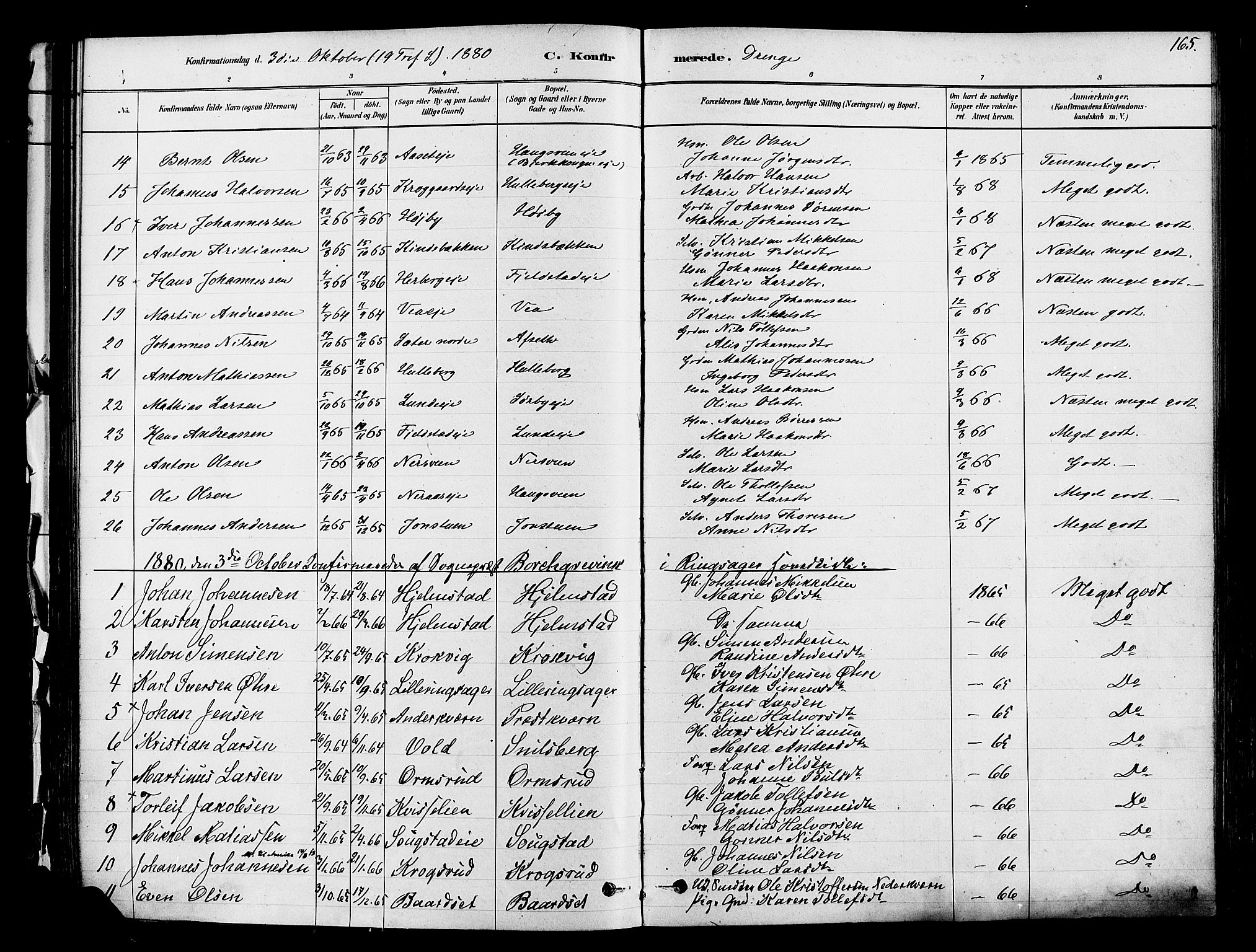 Ringsaker prestekontor, AV/SAH-PREST-014/K/Ka/L0012: Parish register (official) no. 12, 1879-1890, p. 165