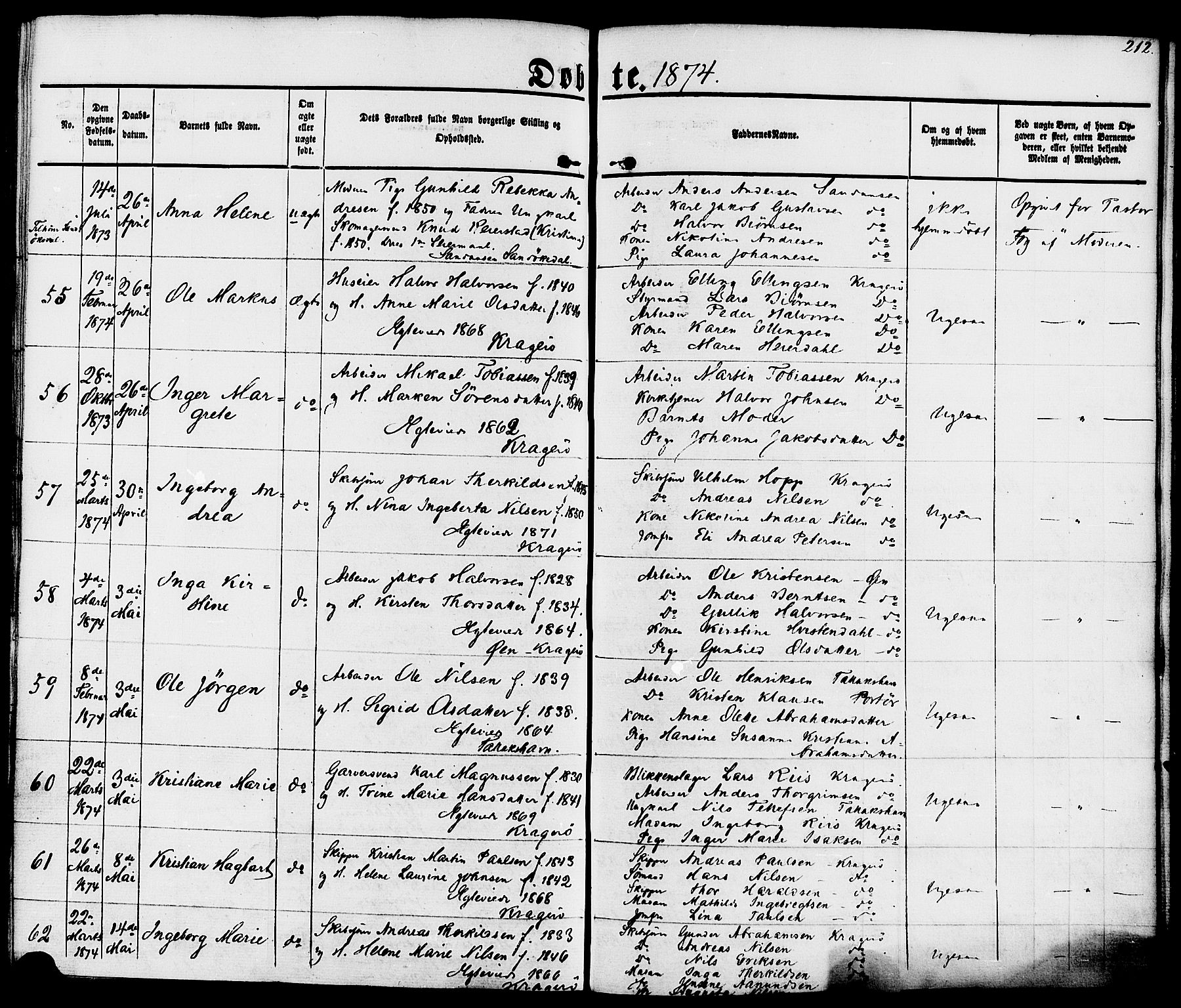 Kragerø kirkebøker, AV/SAKO-A-278/F/Fa/L0007: Parish register (official) no. 7, 1861-1875, p. 212