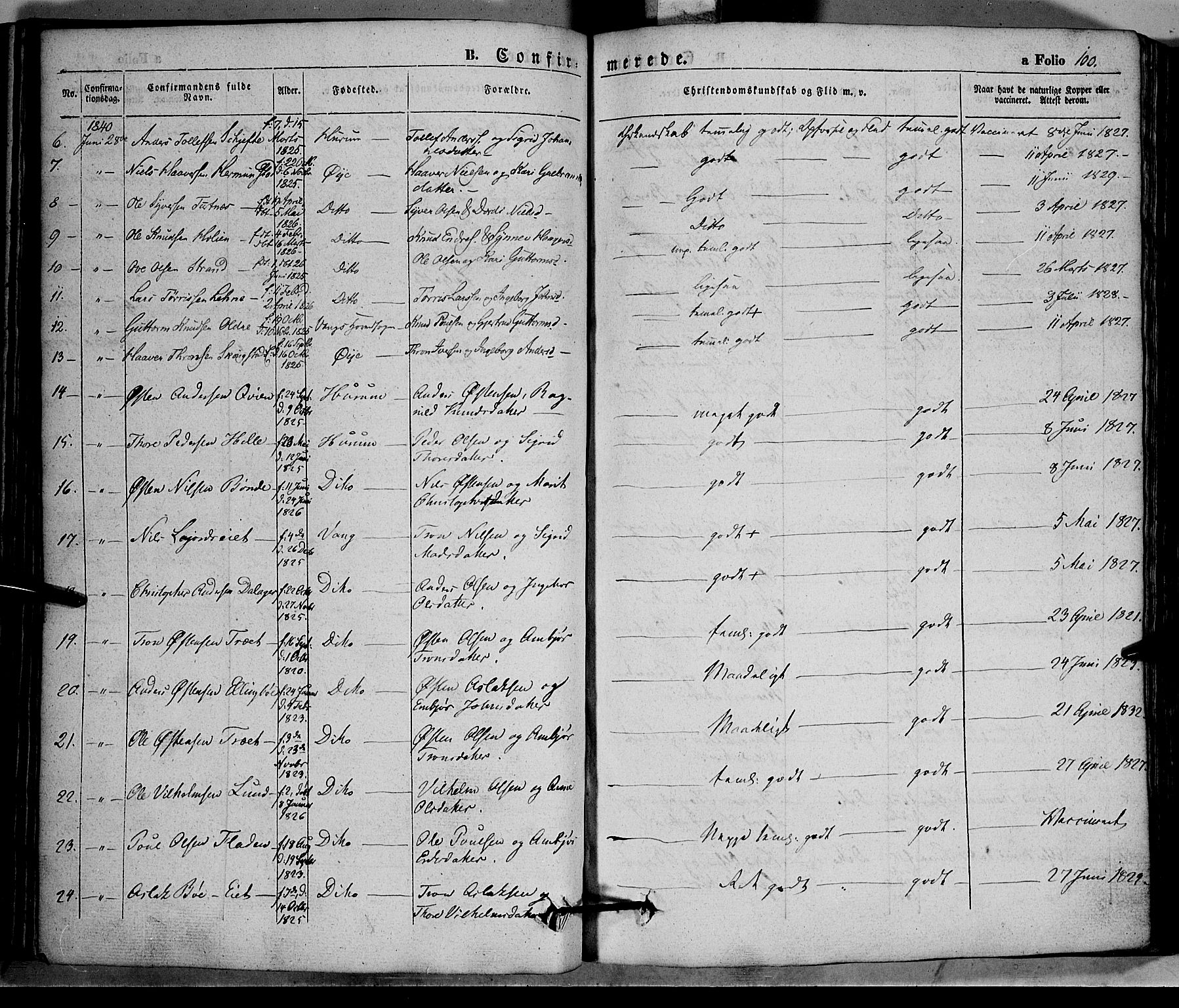 Vang prestekontor, Valdres, SAH/PREST-140/H/Ha/L0005: Parish register (official) no. 5, 1831-1845, p. 100
