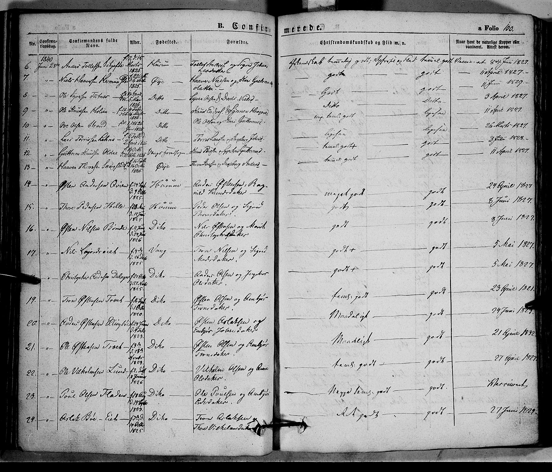 Vang prestekontor, Valdres, AV/SAH-PREST-140/H/Ha/L0005: Parish register (official) no. 5, 1831-1845, p. 100