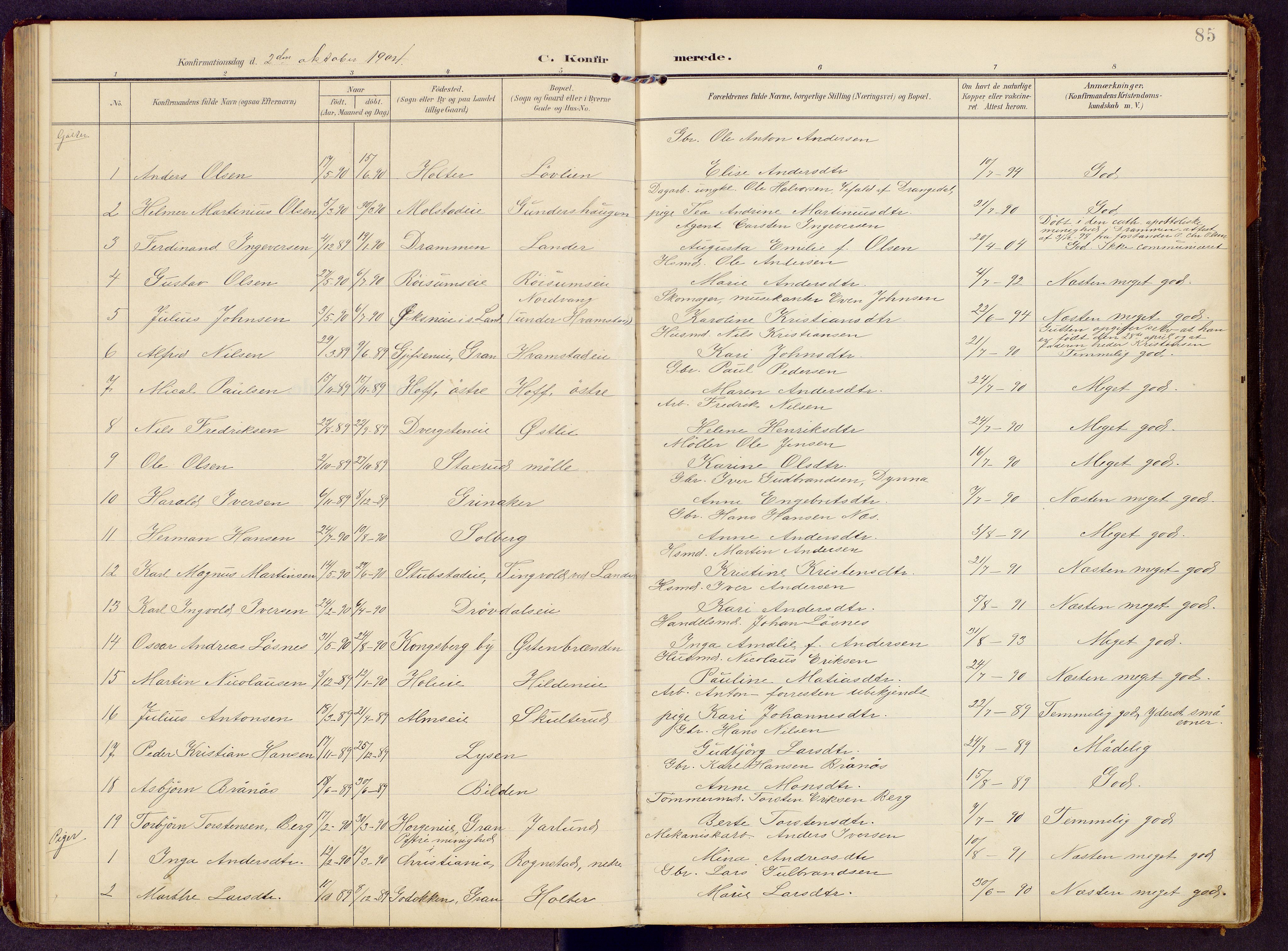 Brandbu prestekontor, SAH/PREST-114/H/Ha/Hab/L0009: Parish register (copy) no. 9, 1903-1916, p. 85
