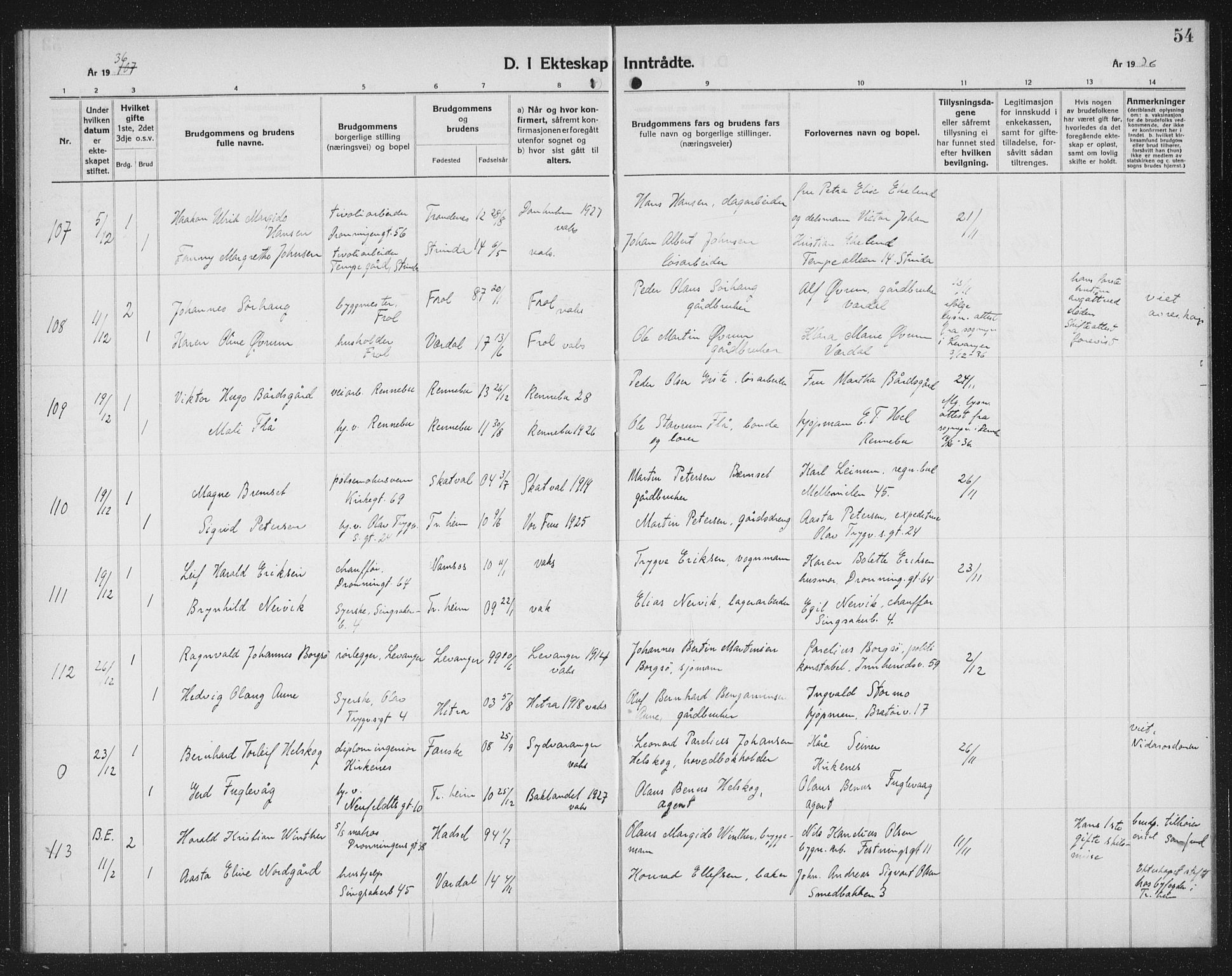 Ministerialprotokoller, klokkerbøker og fødselsregistre - Sør-Trøndelag, AV/SAT-A-1456/602/L0152: Parish register (copy) no. 602C20, 1933-1940, p. 54