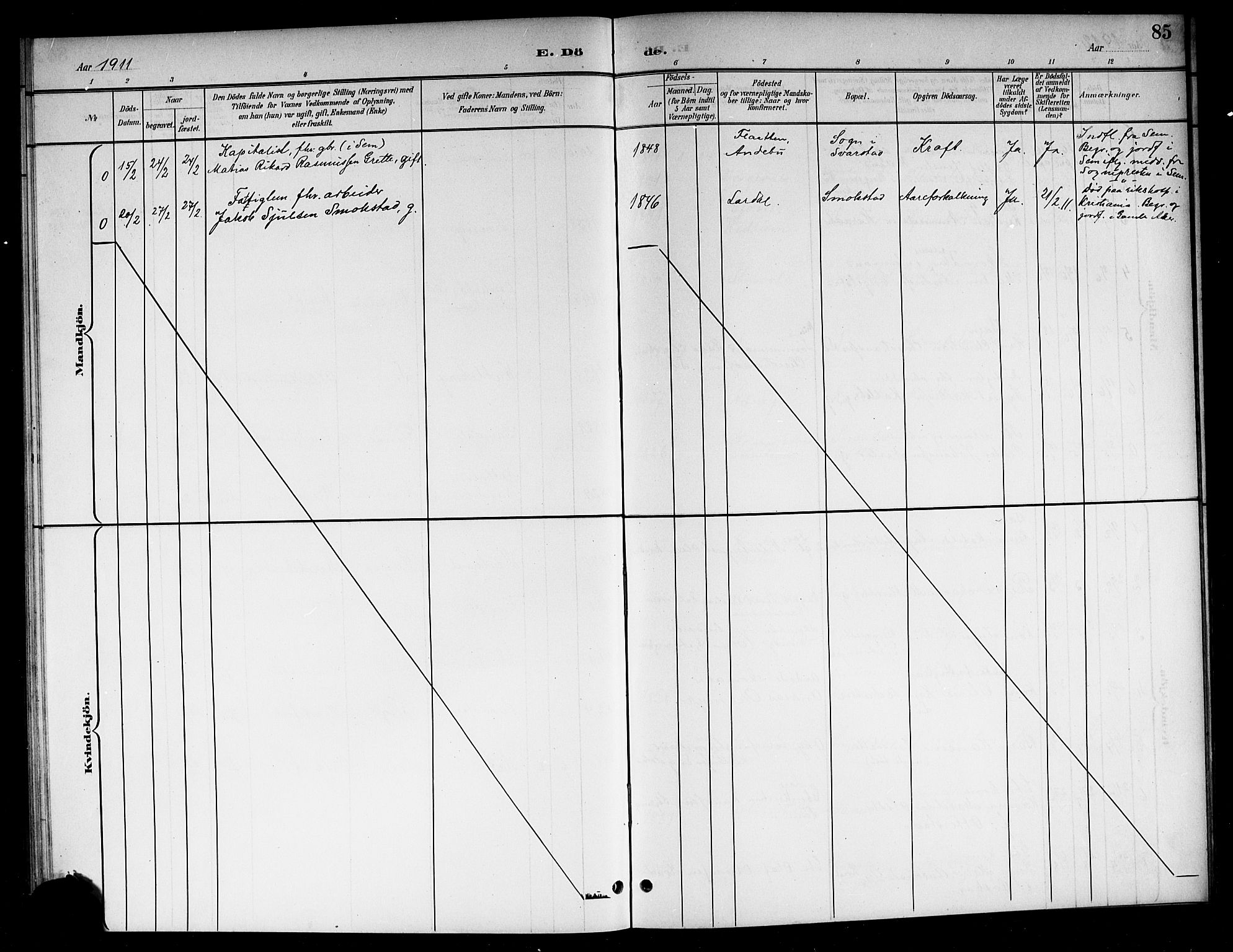 Lardal kirkebøker, AV/SAKO-A-350/G/Ga/L0002: Parish register (copy) no. I 2, 1901-1916, p. 85