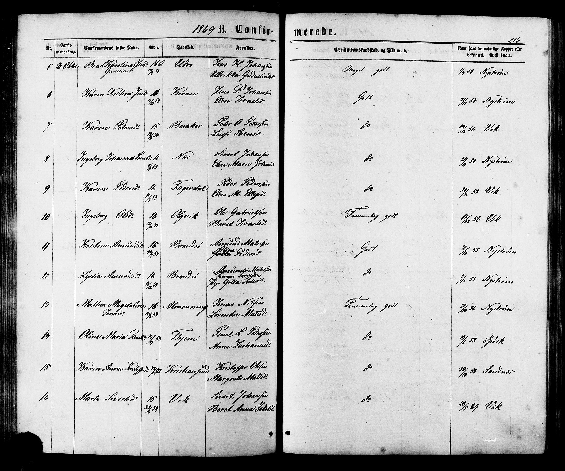 Ministerialprotokoller, klokkerbøker og fødselsregistre - Sør-Trøndelag, AV/SAT-A-1456/657/L0706: Parish register (official) no. 657A07, 1867-1878, p. 216