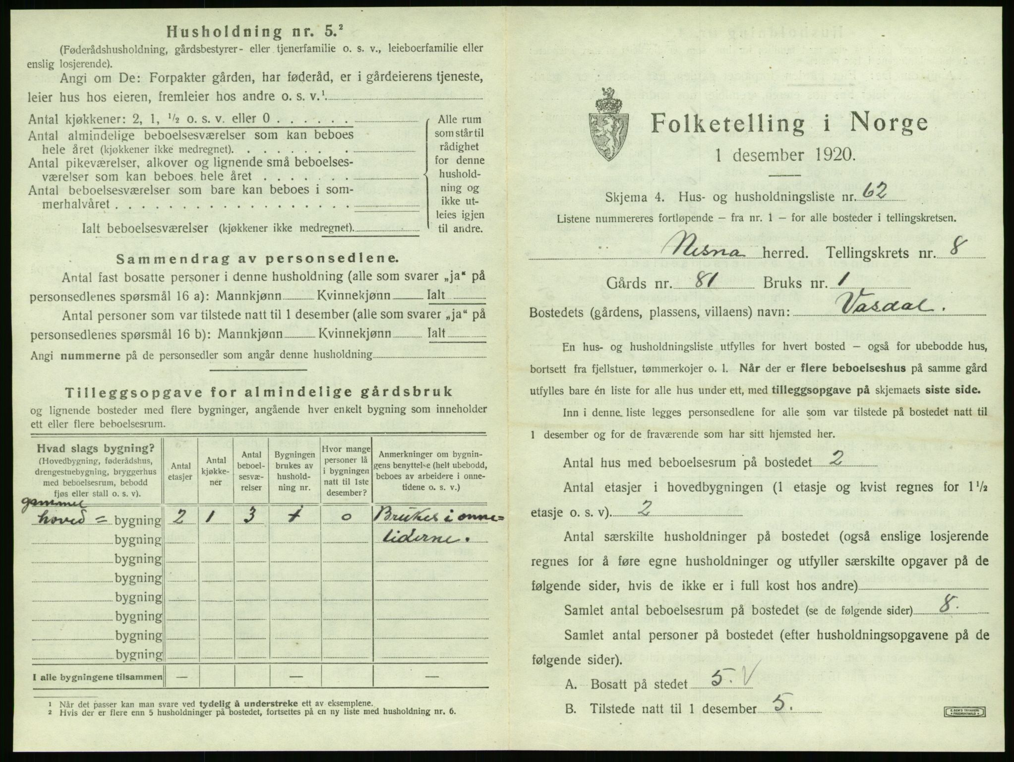 SAT, 1920 census for Nesna, 1920, p. 1053