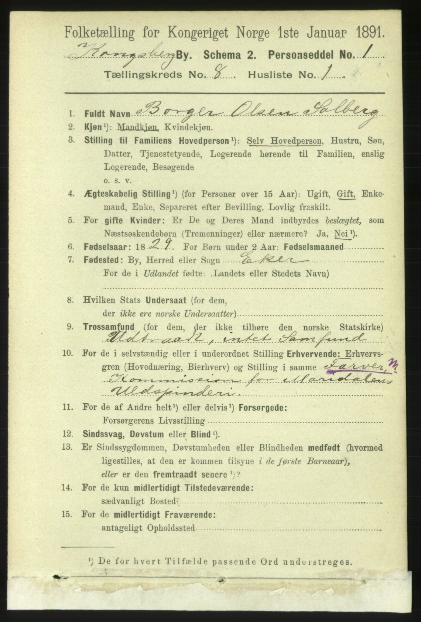 RA, 1891 census for 0604 Kongsberg, 1891, p. 5492