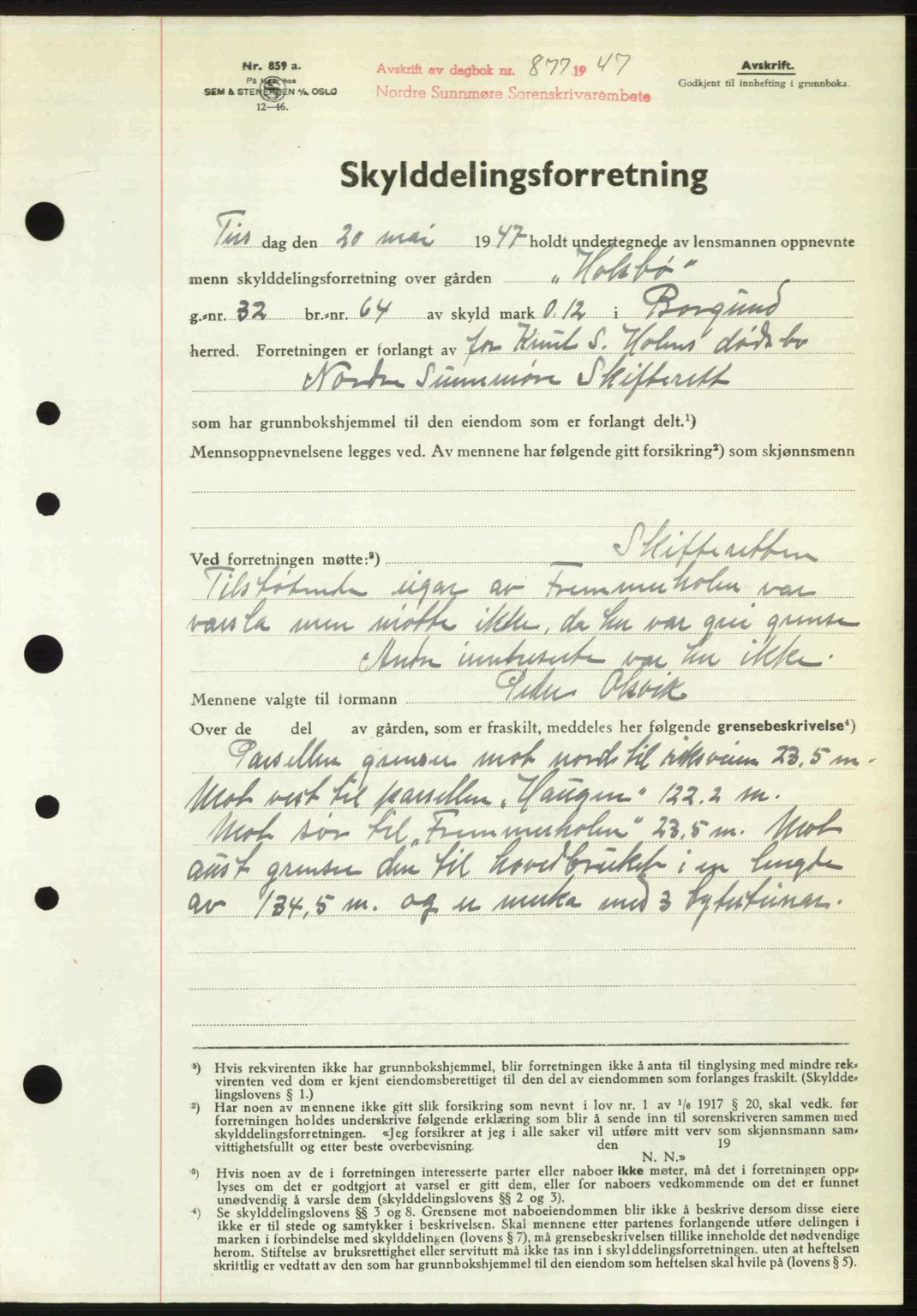 Nordre Sunnmøre sorenskriveri, AV/SAT-A-0006/1/2/2C/2Ca: Mortgage book no. A24, 1947-1947, Diary no: : 877/1947