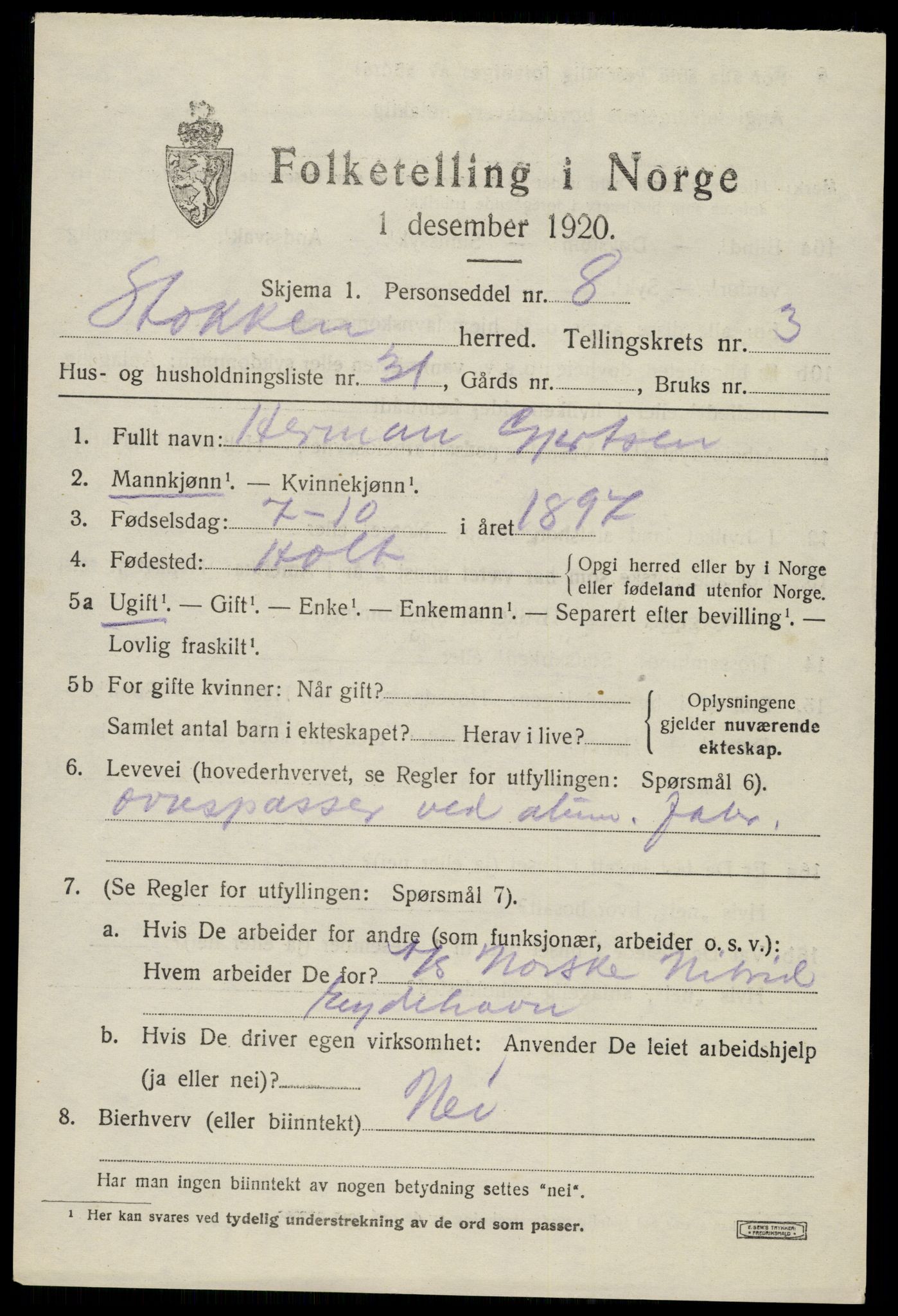 SAK, 1920 census for Stokken, 1920, p. 2452