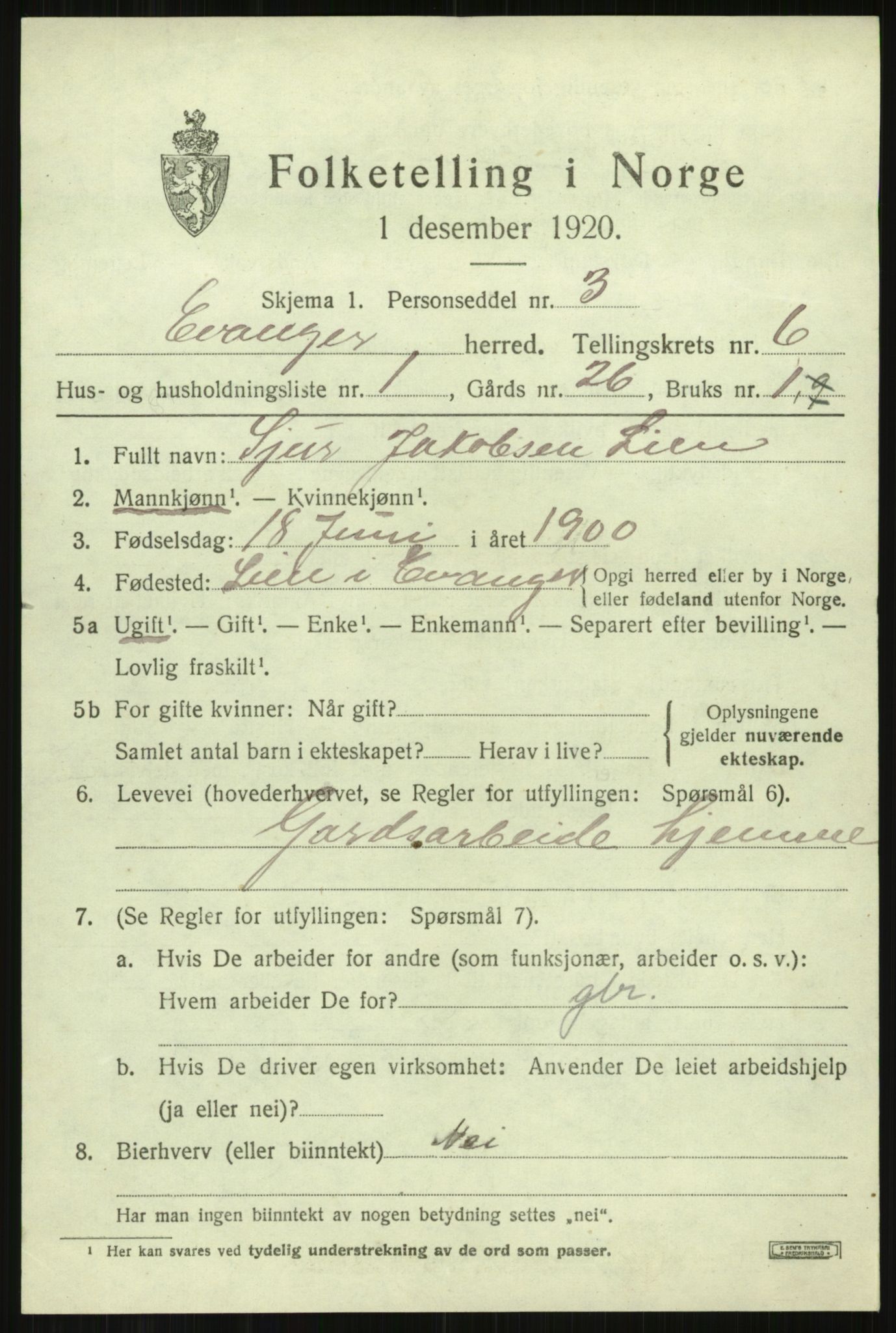 SAB, 1920 census for Evanger, 1920, p. 1913