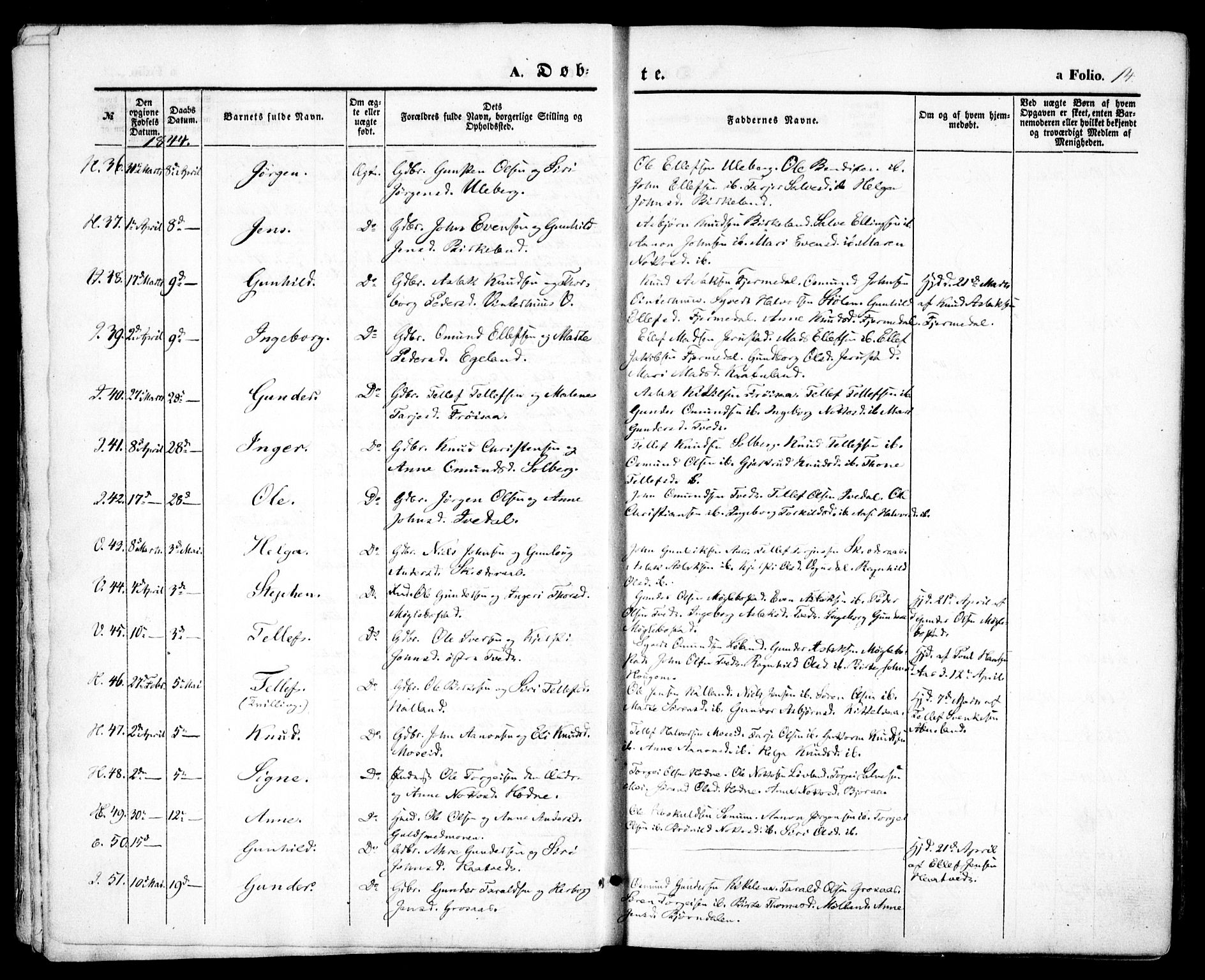 Evje sokneprestkontor, AV/SAK-1111-0008/F/Fa/Faa/L0005: Parish register (official) no. A 5, 1843-1865, p. 14