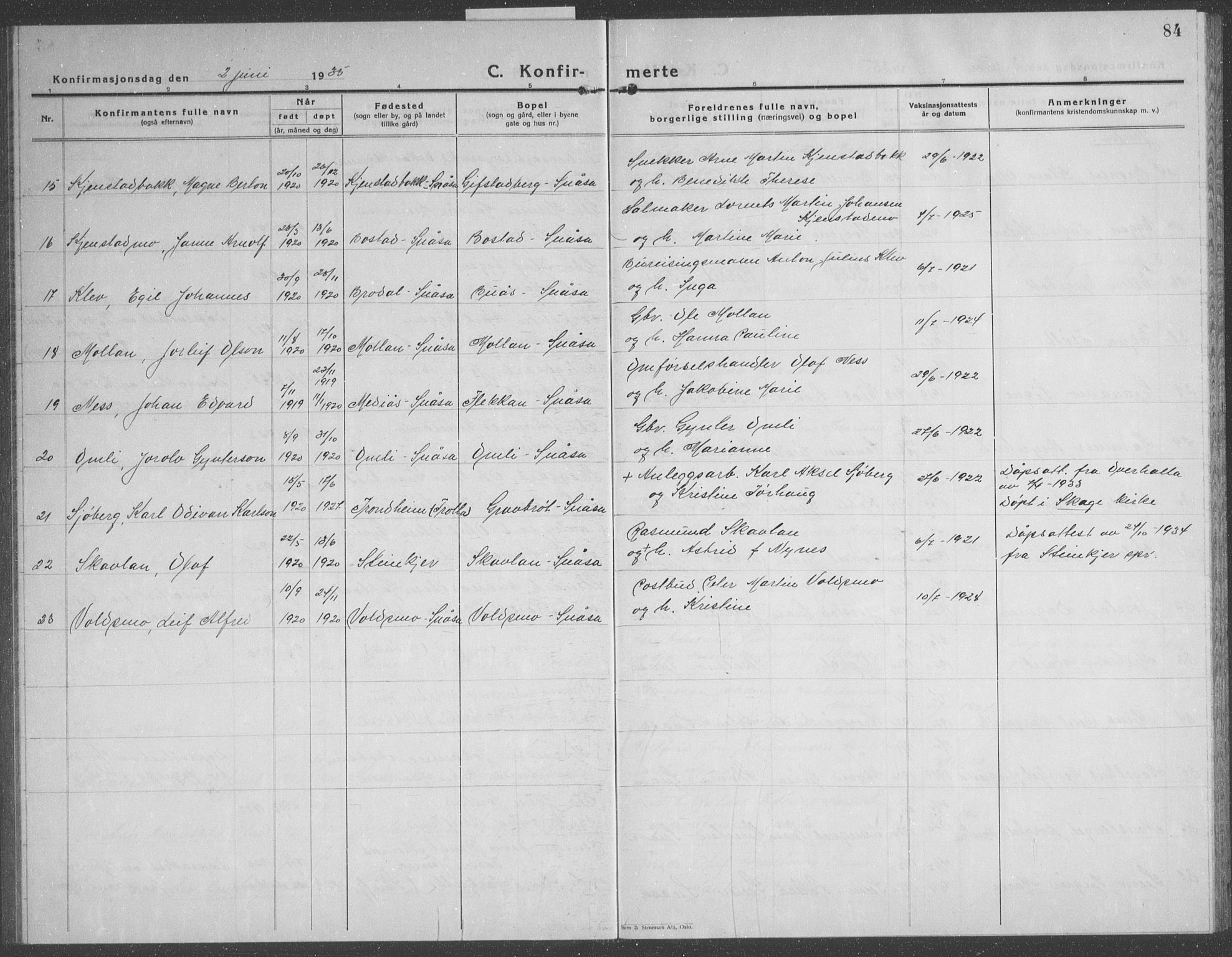 Ministerialprotokoller, klokkerbøker og fødselsregistre - Nord-Trøndelag, SAT/A-1458/749/L0481: Parish register (copy) no. 749C03, 1933-1945, p. 84