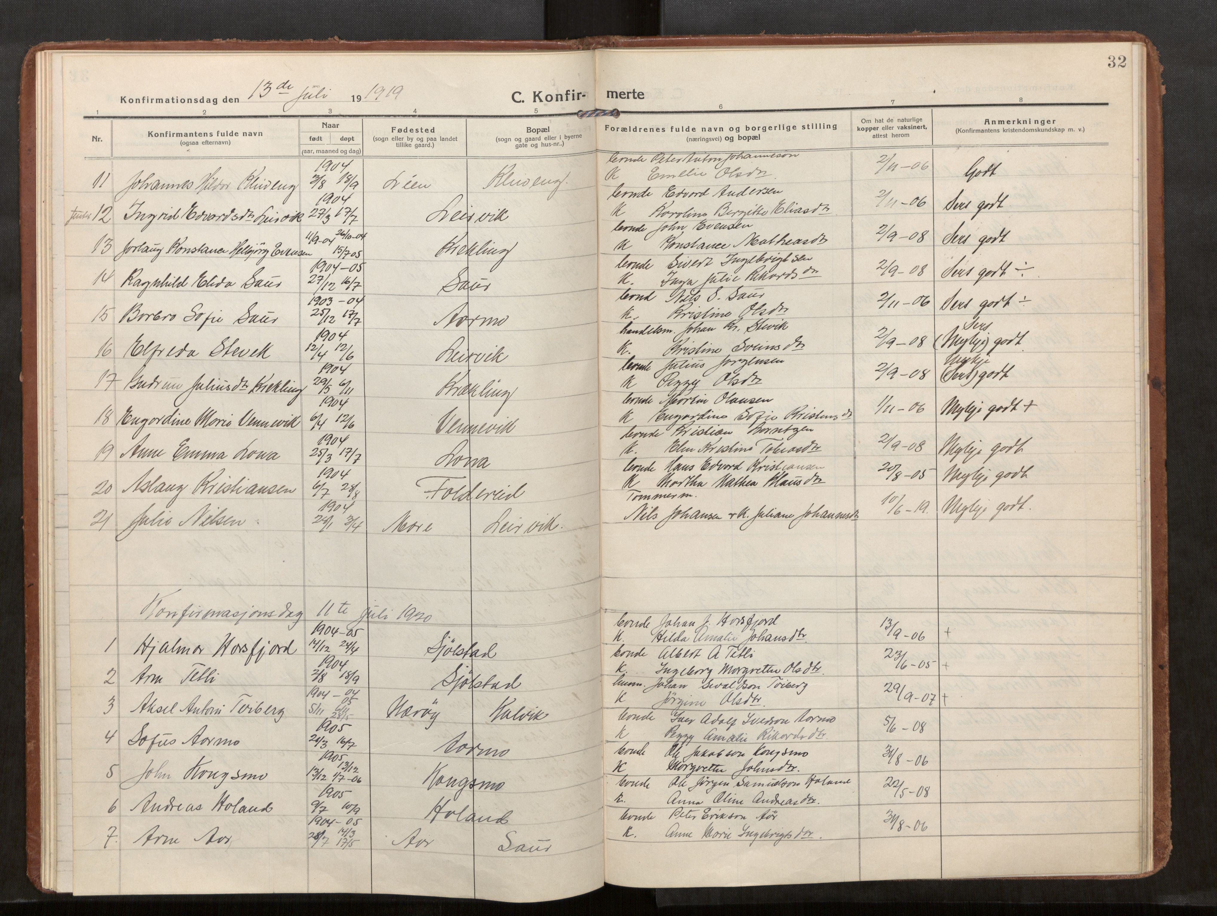 Kolvereid sokneprestkontor, SAT/A-1171/H/Ha/Haa/L0002: Parish register (official) no. 2, 1914-1926, p. 32