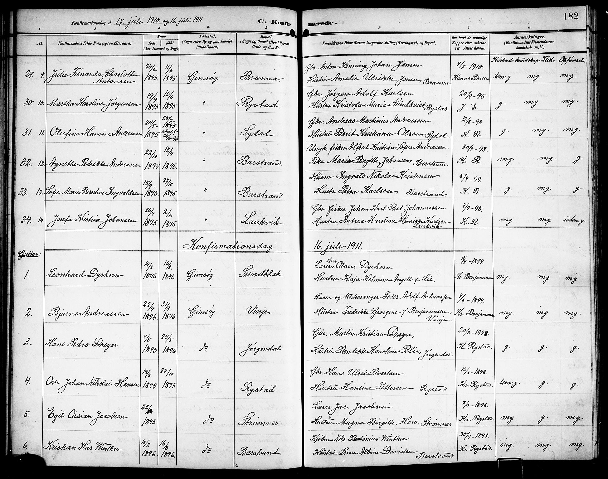 Ministerialprotokoller, klokkerbøker og fødselsregistre - Nordland, AV/SAT-A-1459/876/L1105: Parish register (copy) no. 876C04, 1896-1914, p. 182