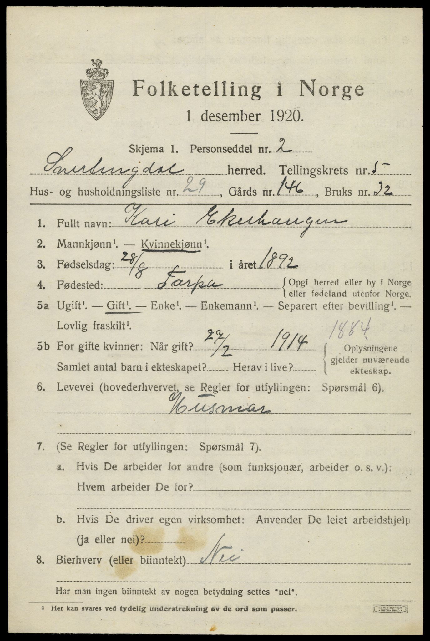 SAH, 1920 census for Snertingdal, 1920, p. 4625